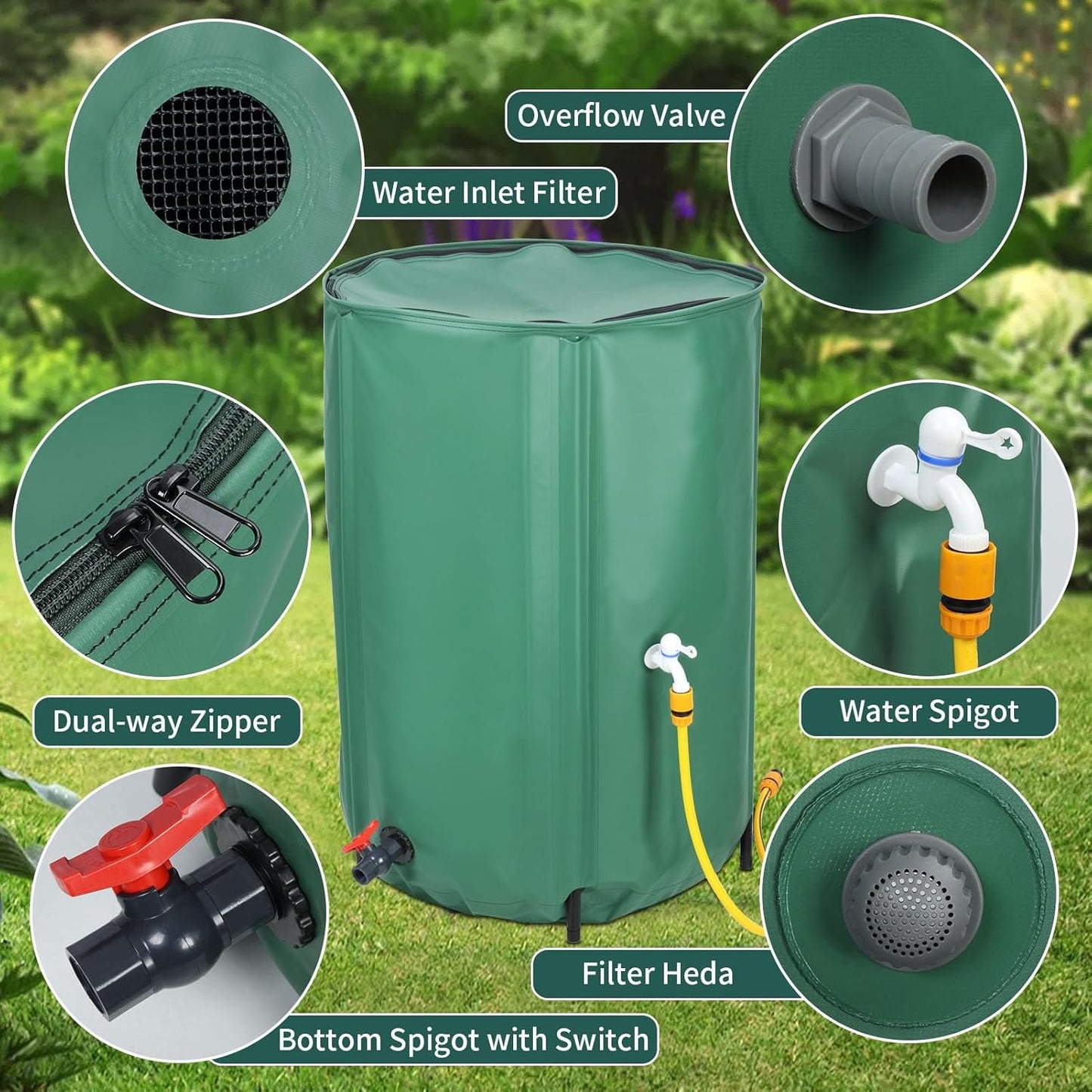 100 Gallon Rain Barrel Water Collection System, Collapsible Portable Water Storage Tank, Rainwater Collect System Downspout, Water Catcher Container with Filter Two Spigots and Overflow Kit