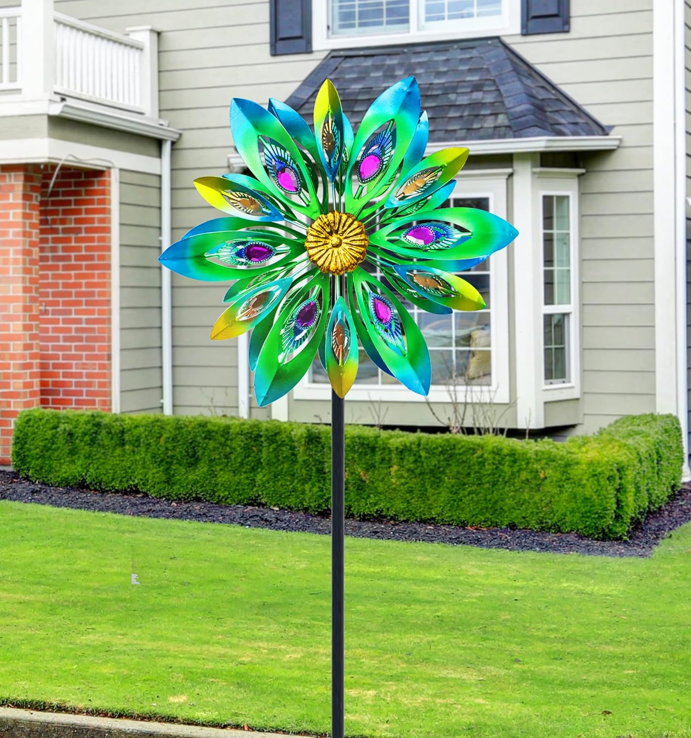 53 Inch Wind Spinner - Outdoor Metal Peacock Wind Sculptures for Garden, Patio, Yard, Lawn Decorations Double Windmill Spinner