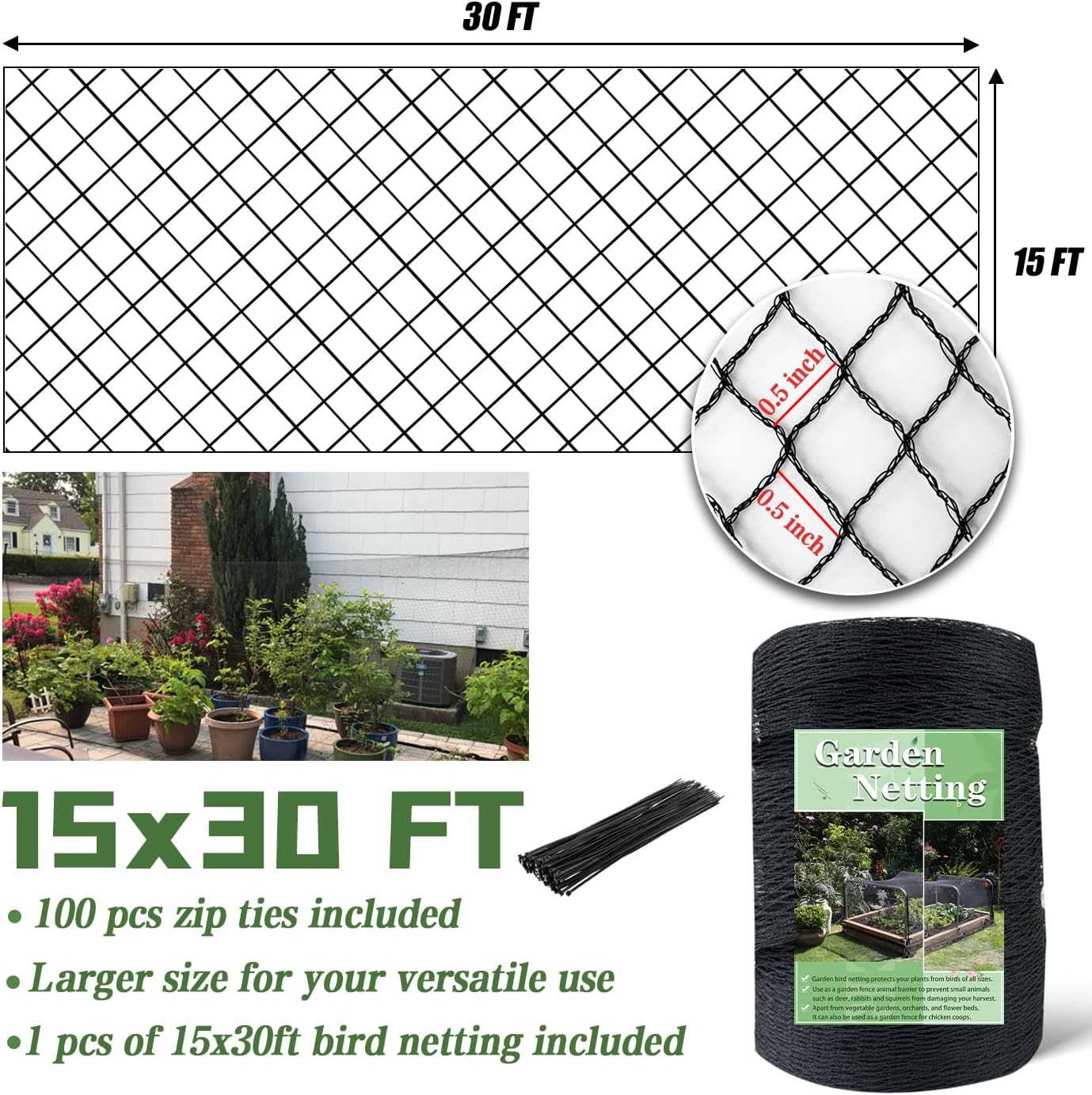 Bird Netting，15 x 30 FT Garden Netting Bird Net for Chicken Coop, Poultry Netting Fence for Fruit Trees, Plants and Vegetables Against Birds, Deer, Squirrels and Other Animals