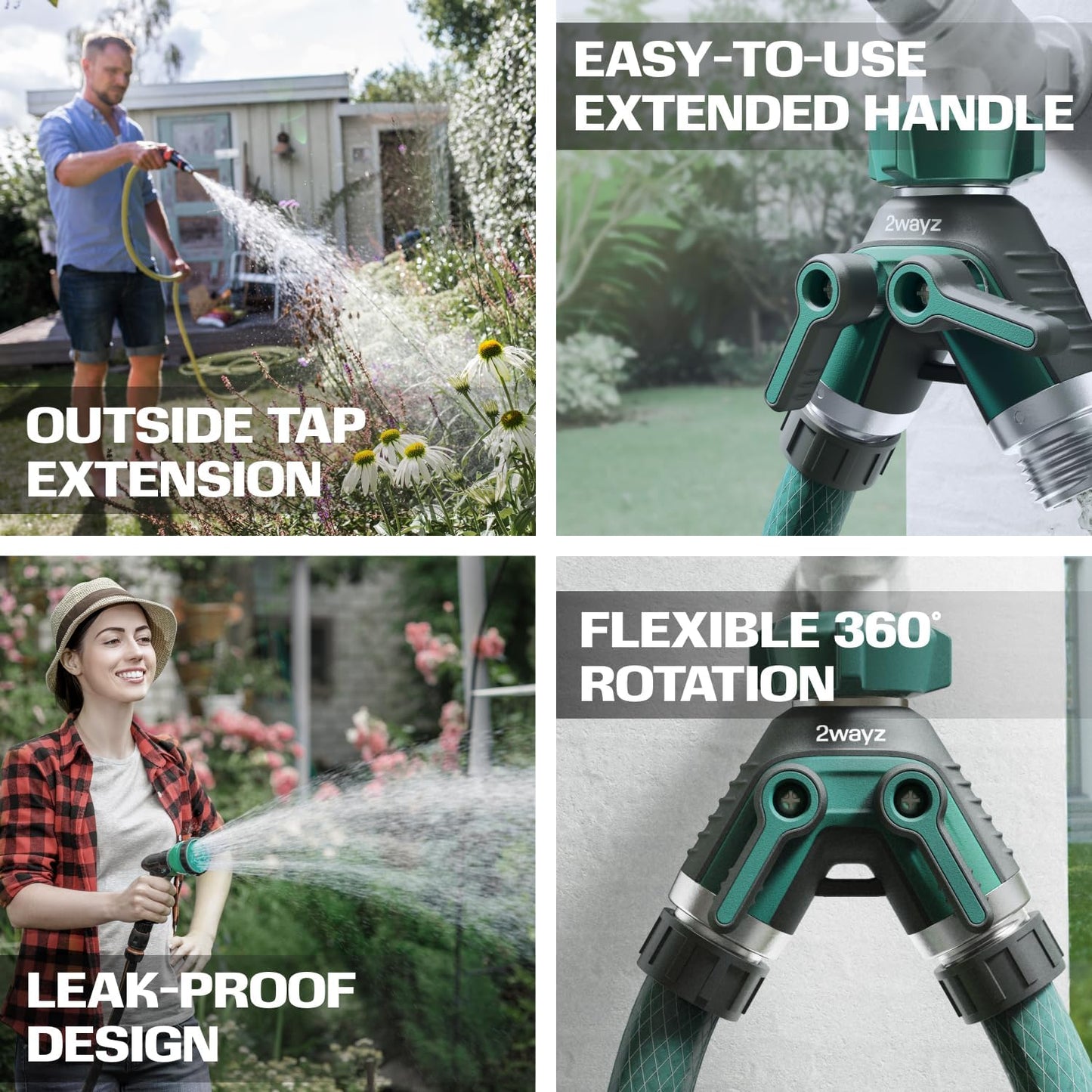 2WAYZ Dual Outlet Water Hose Splitter - Heavy-Duty Brass Y Connector, 360° Rotation, Easy Installation, Leak-Proof Design with Spigot Extender - Ideal for Garden, Washing Machines, Outdoor Faucets