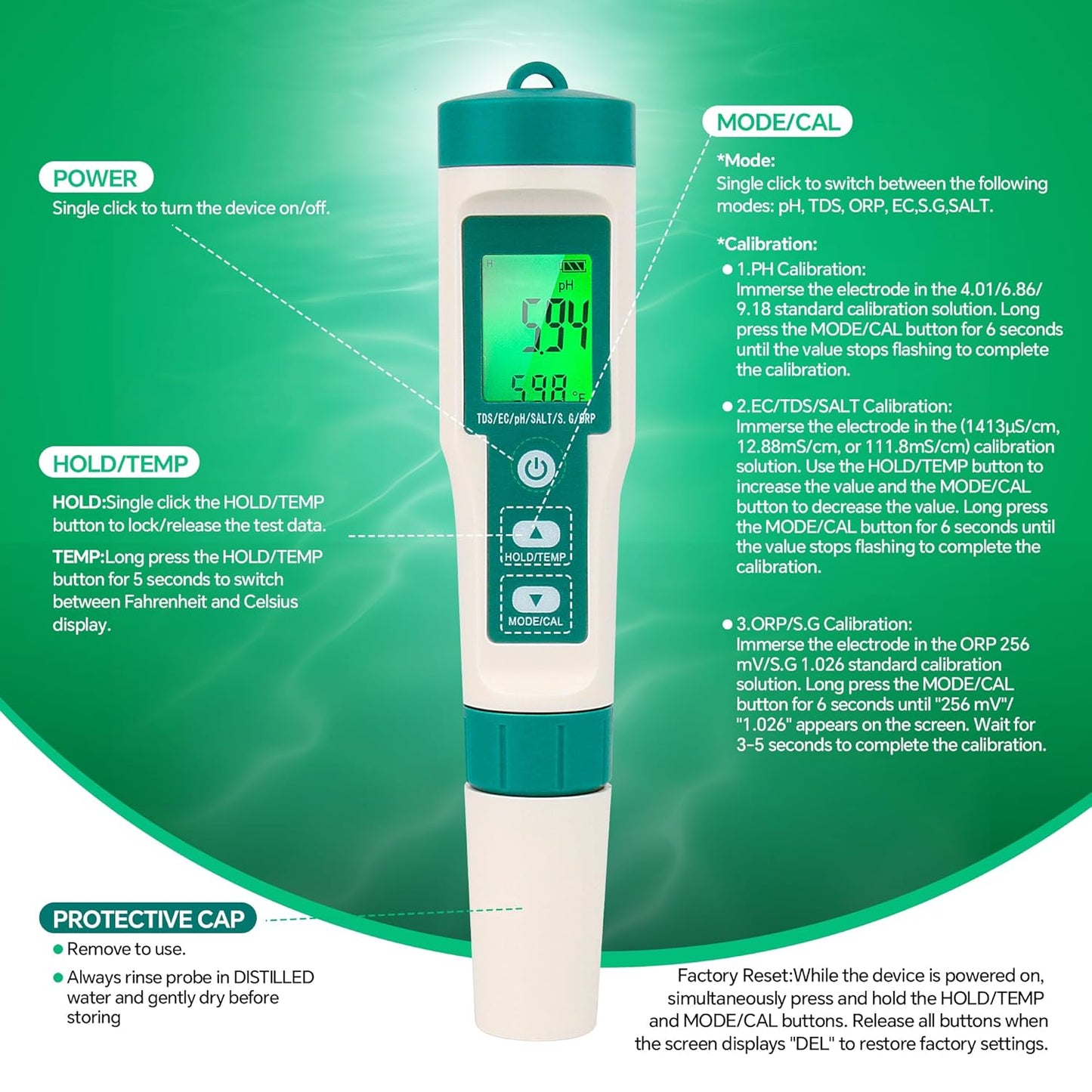 7in1 PH Water Tester, Digital PH Meter for Water Digital Pool Salt Tester,PH SG ORP Salt Temp EC and TDS Meter, Water Quality Tester for Swimming Pool Aquarium Drinking Water Digital Water Testing Kit