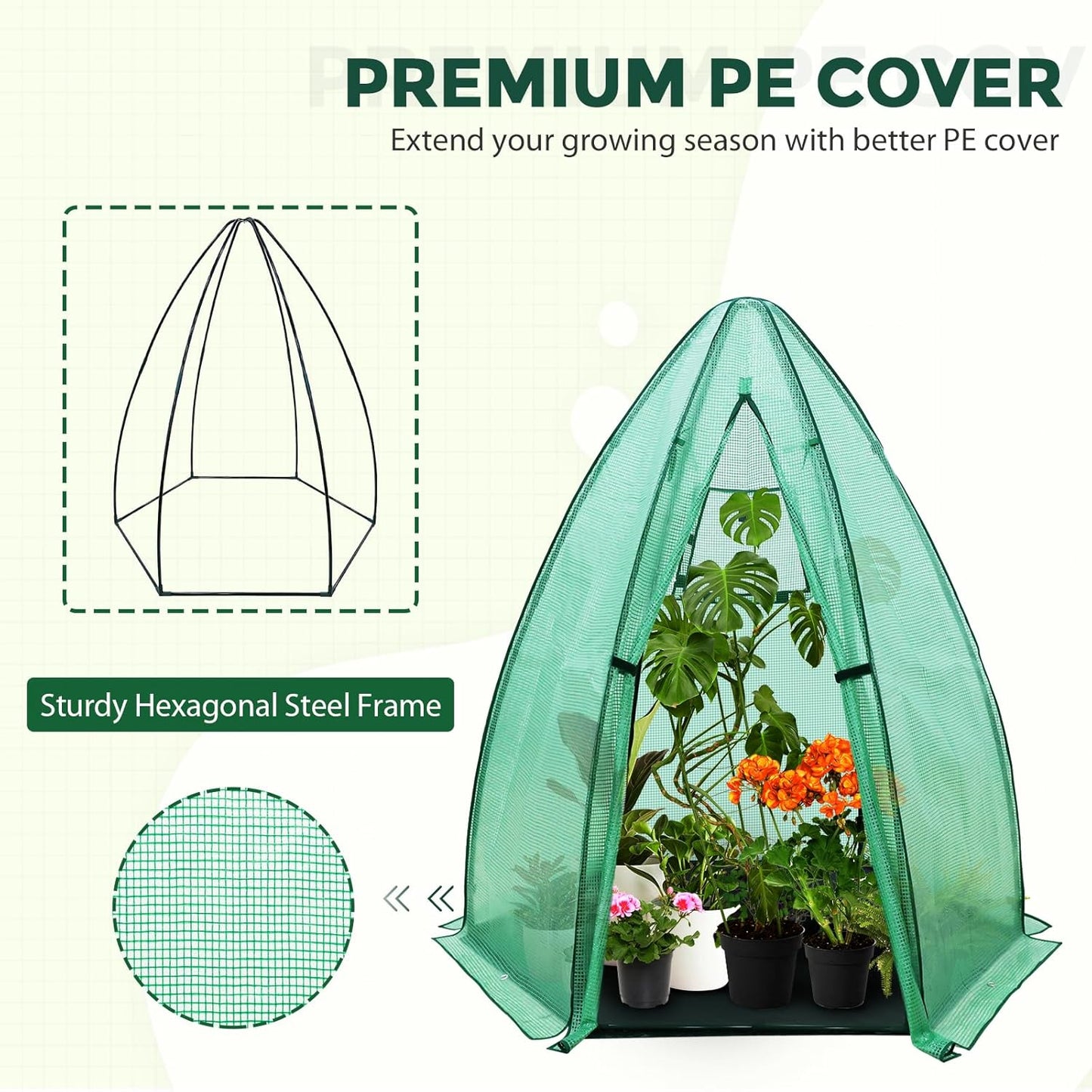 EAGLE PEAK Portable Mini Dome Greenhouse with Zippered Door and Mesh Window, Outdoor Mini Hexagon Greenhouse Kit for Indoor Outdoor Gardening 63"x63"x72", Green PE Cover