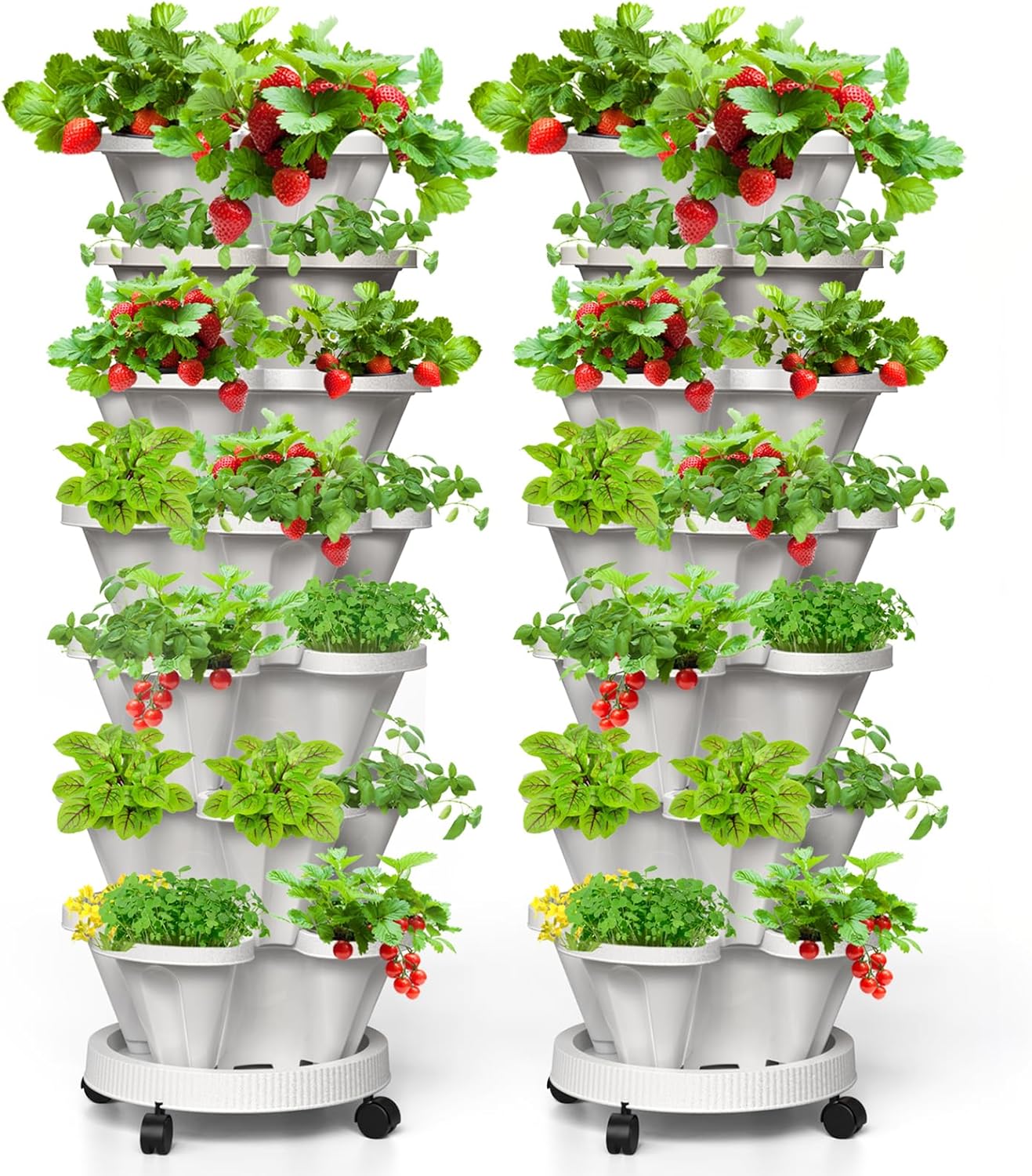 7 Tiered Strawberry Vertical Planter 2 Pack, Stackable Tower Garden Planter Herb Garden Planter with Movable Casters and Bottom Saucer Indoor and Outdoor - White