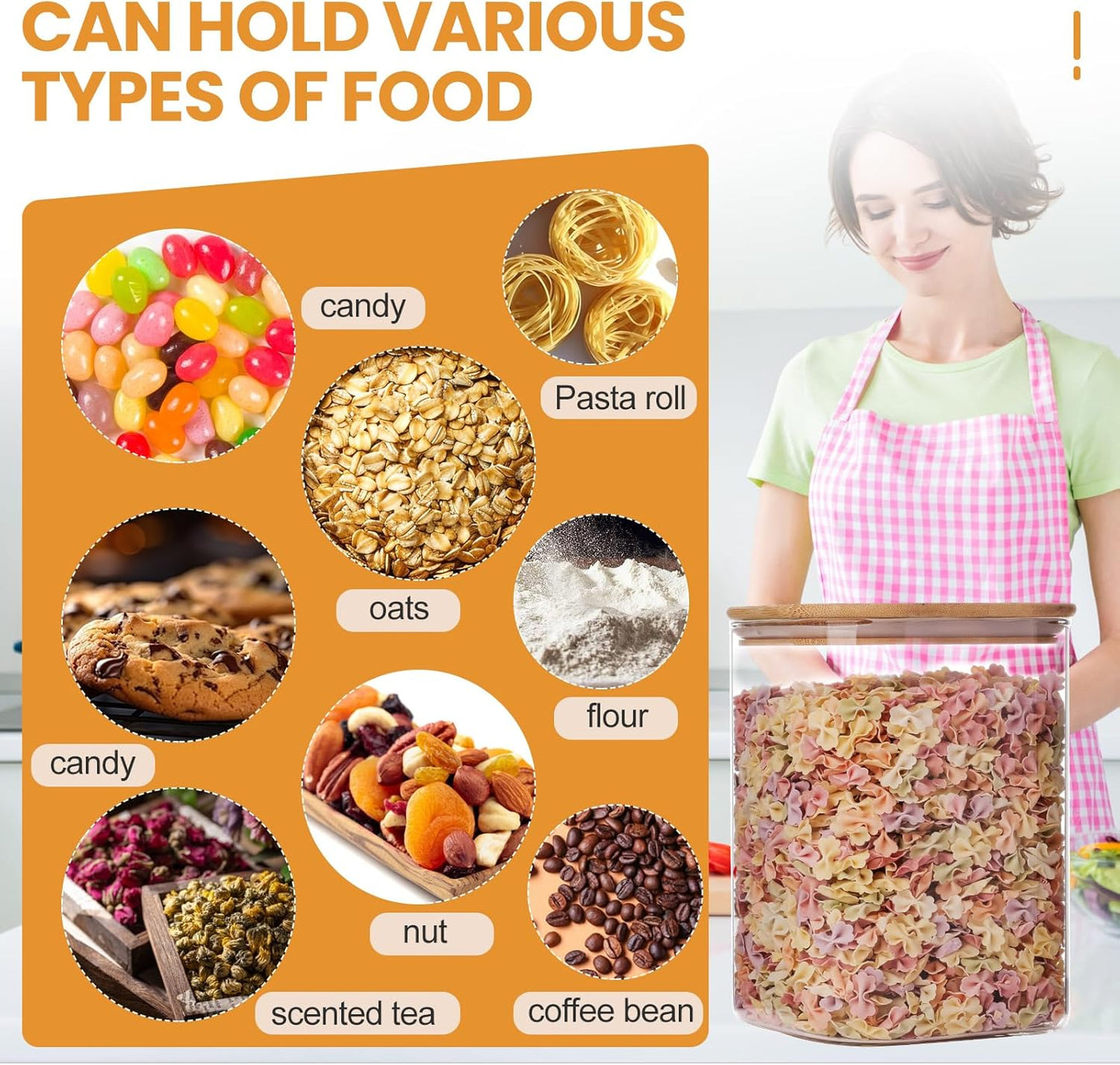 Glass Food Storage Jars 108oz Set of 2,Glass Storage Containers Clear Glass Food Canister with Bamboo Lid Airtight For Serving Tea, Coffee, Flour, Sugar, Candy, Cookie, Spice and More (Square)