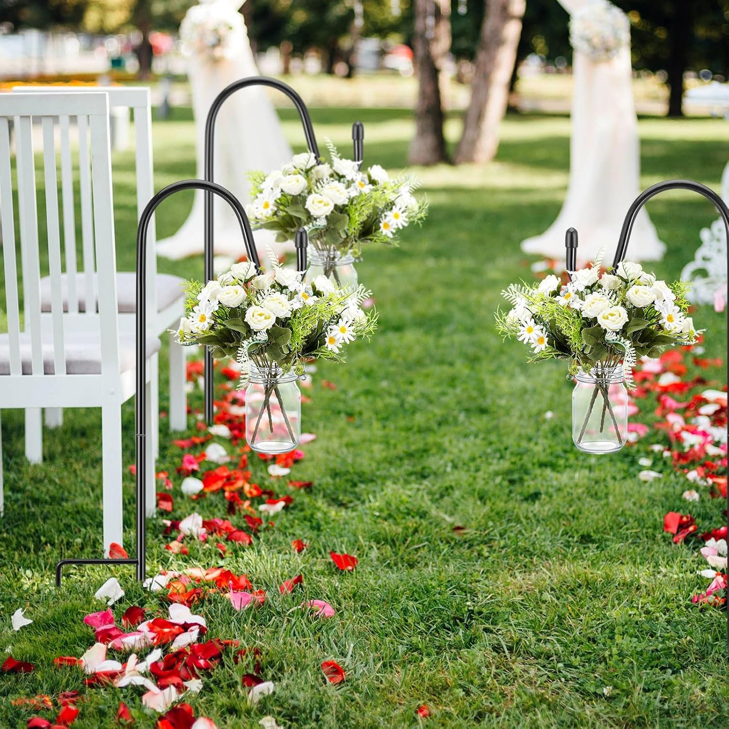 8 Sets Wedding Aisle Decoration Include 16 oz Rose Daisy Hanging Mason Jar 32" Shepherds Hooks Rustic Mason Jar with Faux Rose and Daisy for Outdoor Wedding Isle Ceremony Decorations