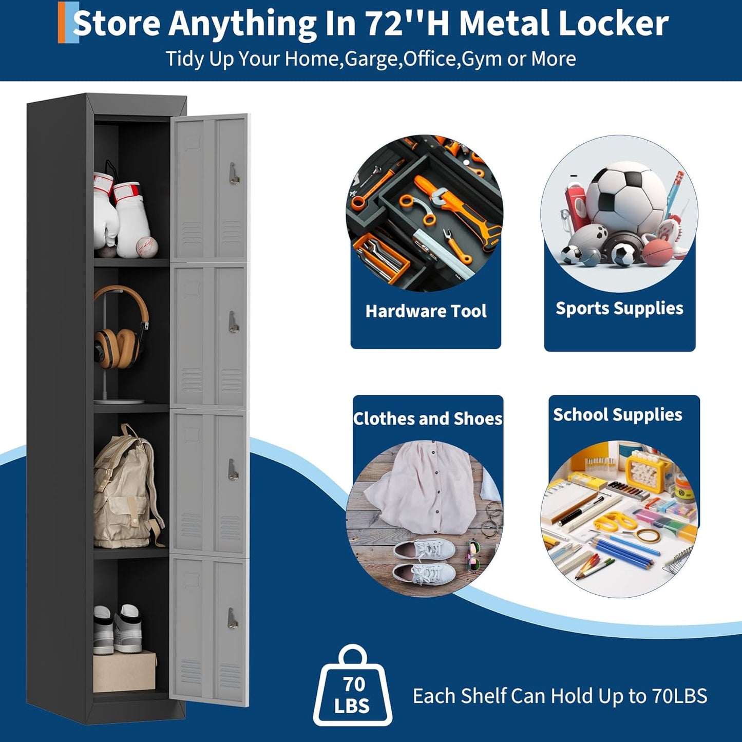 4 Doors Tall Single Metal Locker, Metal Lockers for Employees with Keys, 72” Black Employee Storage Cabinet with Doors, Steel Storage Cabinets Lockable for School, Gym, Home, Office, Mudroom, Black