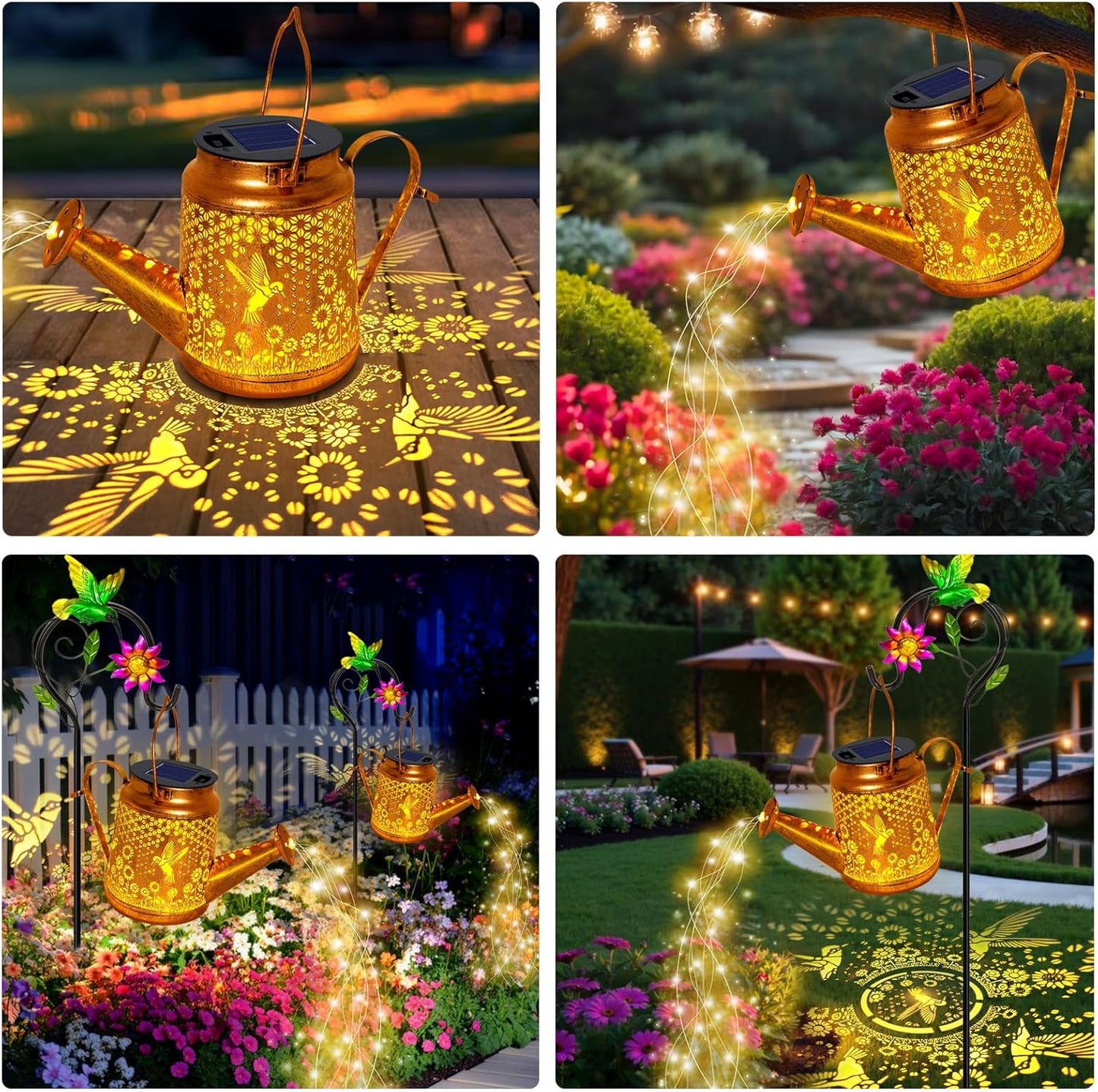 Hummingbird Solar Lights Outdoor Waterproof, Solar Watering Can Lights with Shepherd Hook, Metal Hanging Lantern Garden Decor Yard Outside Patio Lawn, Gifts for Mom Grandma Women Birthday