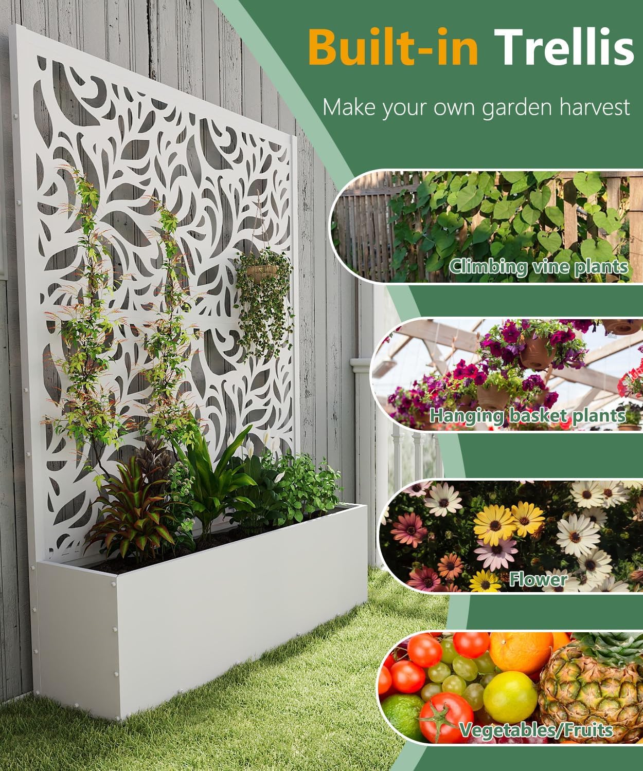 2PCS Metal Planter Box with Trellis,70.9"x47.2"x15.7" Raised Garden Bed with Drainage Holes, Privacy Planters for Outdoor Garden Bed for Climbing Plants,Vegetables,and Vines, White-Flower