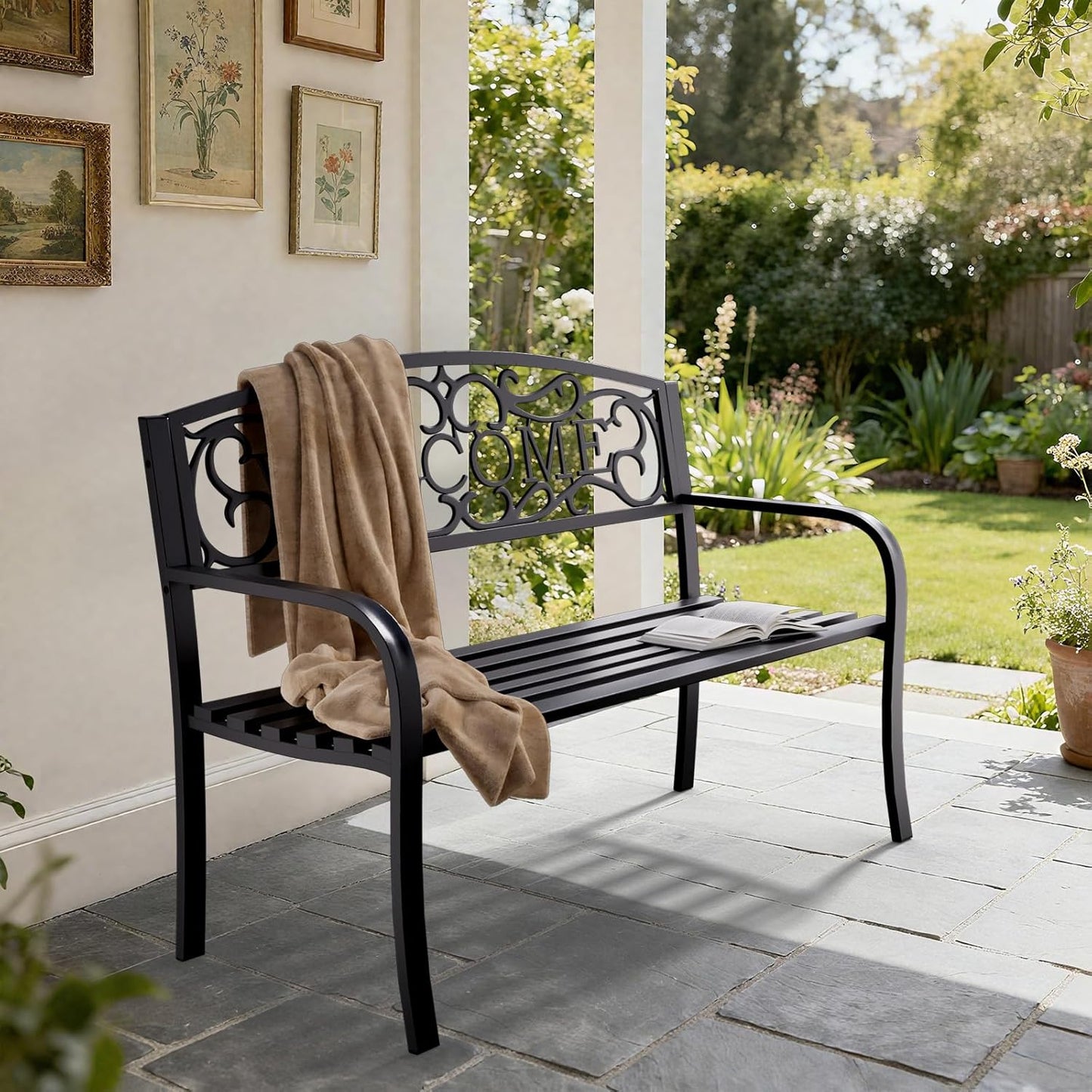 50'' Outdoor Garden Bench, Weatherproof Wrought Iron Metal Patio Bench with Mesh Pattern Backrest, for Front Porch, Park, Yard, Gardens