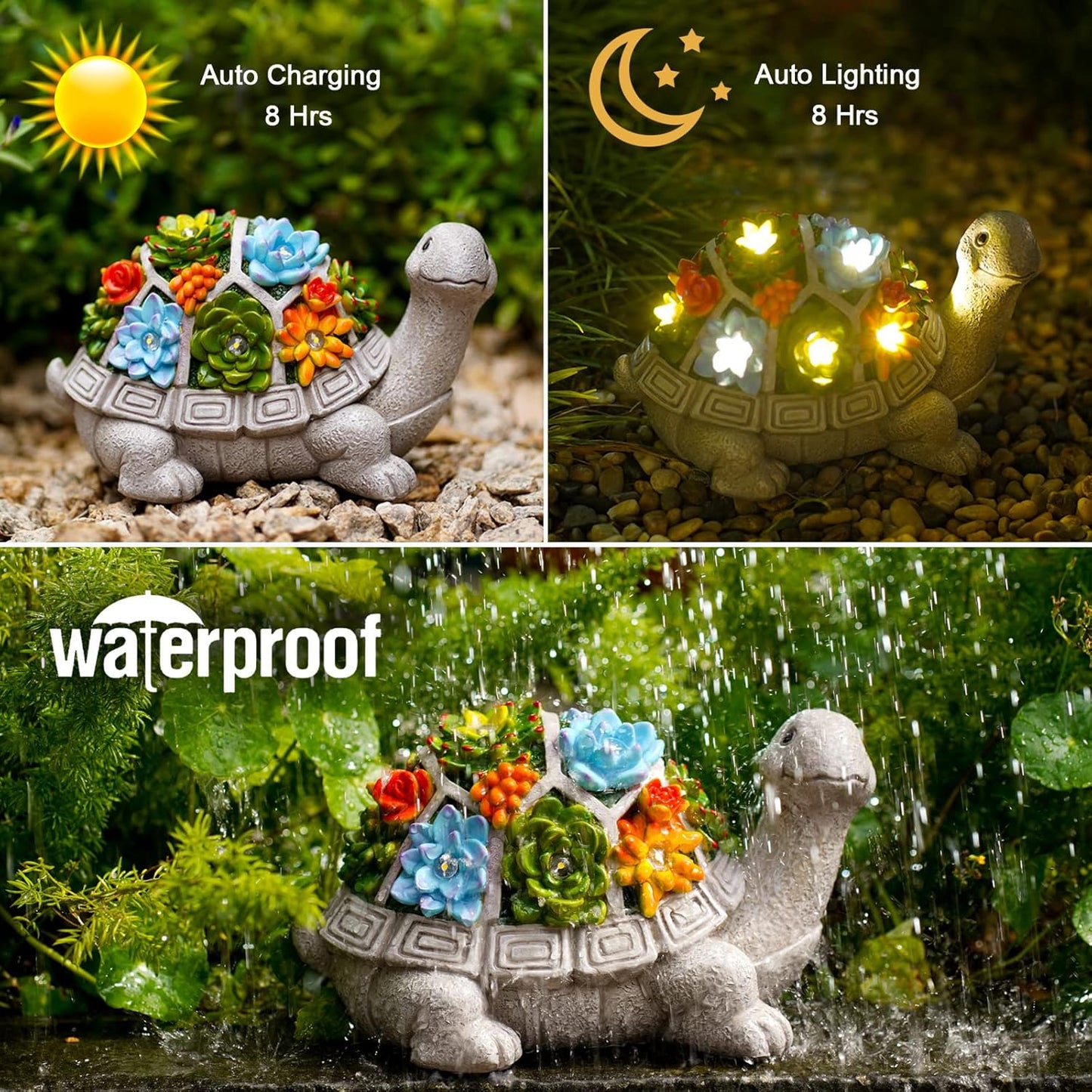 Nacome Garden Outdoor Statues Turtle with Succulent and 7 LED Lights - Lawn Decor Tortoise Statue for Patio, Balcony, Yard Ornament - Unique Housewarming Gifts