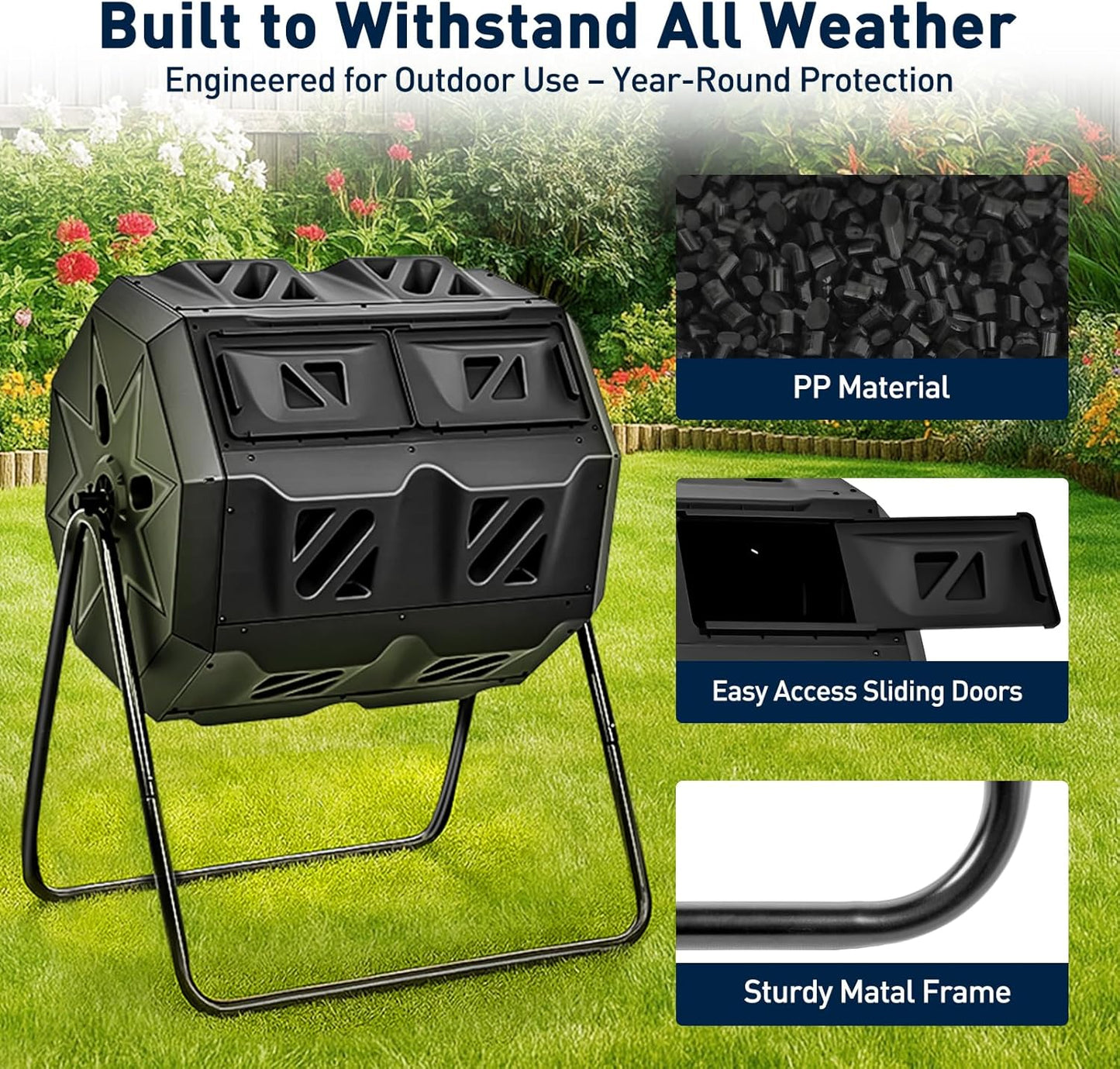 Yesker Dual Chamber Compost Bin Outdoor, 43 Gallon Rotating Tumbling Composter with Sliding Doors, Fast Assembly for Garden, Backyard & Kitchen Waste