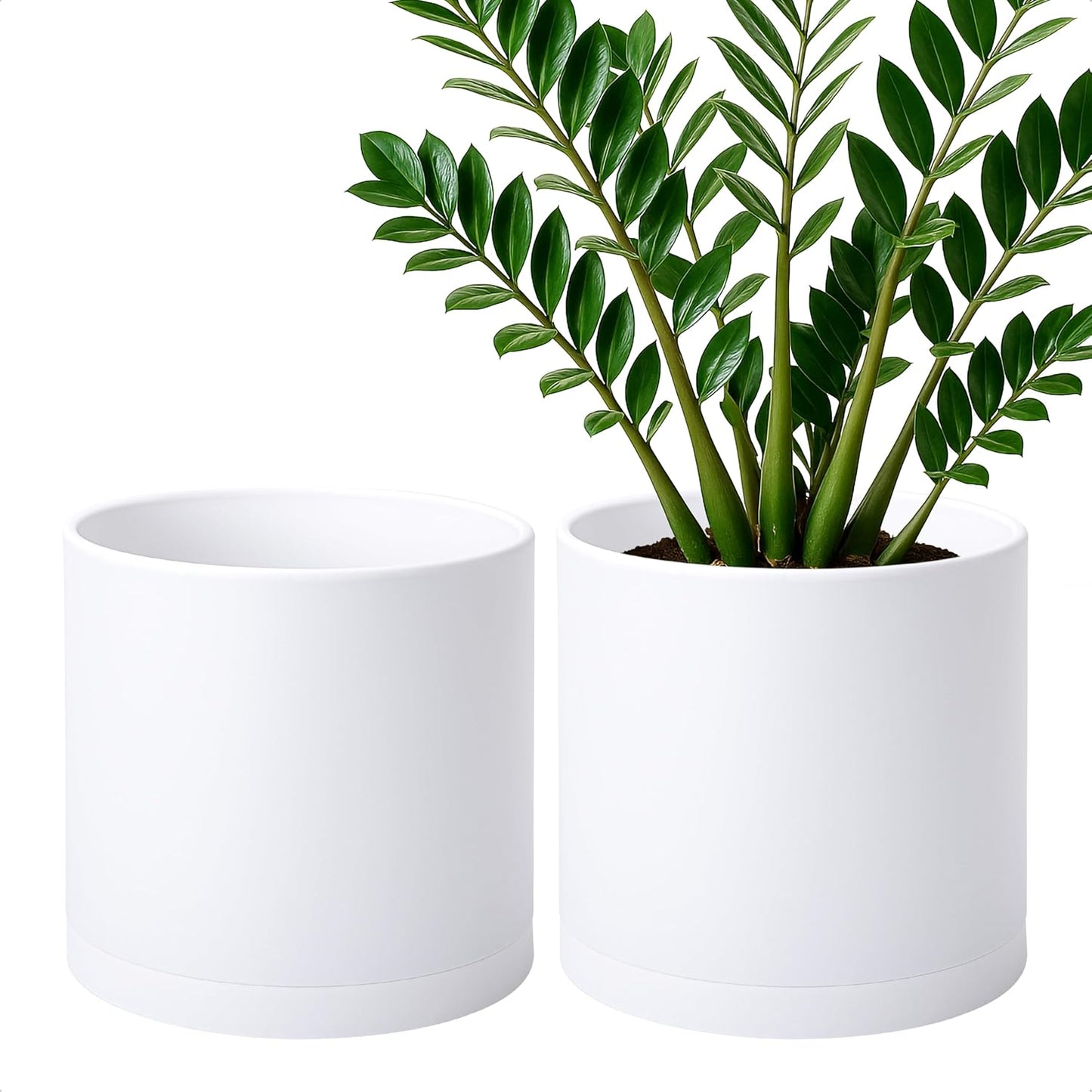 D'vine Dev 2 Pack 10 Inch Modern Plastic Plant Pots, Small Garden Planters for Plant with Drainage Holes and Saucers, White Color, 74-Z-N-1