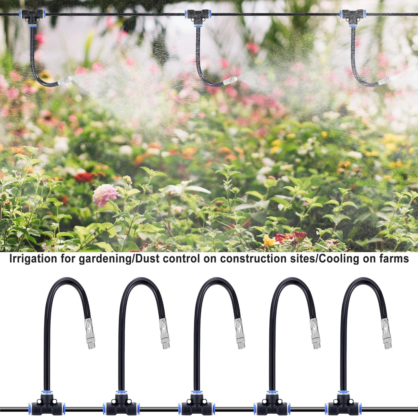 Mornajina 5Packs Brass Misting Nozzles Tee with 12inch Built in Hose for Outdoor Cooling System, Adjustable 360° Rotation, Water Mister Nozzles Thread Sprayer 0.043" (1.1 mm)