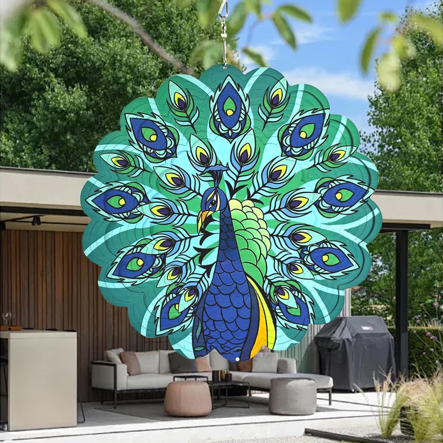 Wind Spinners Outdoor Peacock Art 12 inch 3D Stainless Steel Laser Cut Metal Art Geometric Pattern Wind Sculpture Hanging for Yard Garden Decorations Gifts Outdoor
