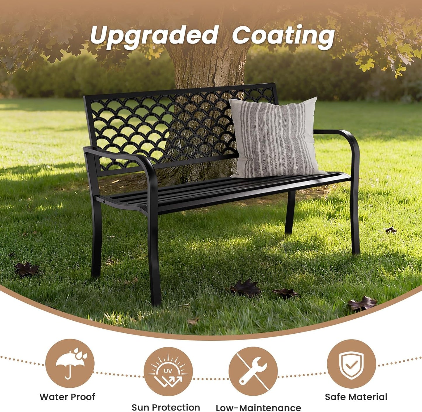 50'' Outdoor Garden Bench, Weatherproof Wrought Iron Metal Patio Bench with Mesh Pattern Backrest, for Front Porch, Park, Yard, Gardens