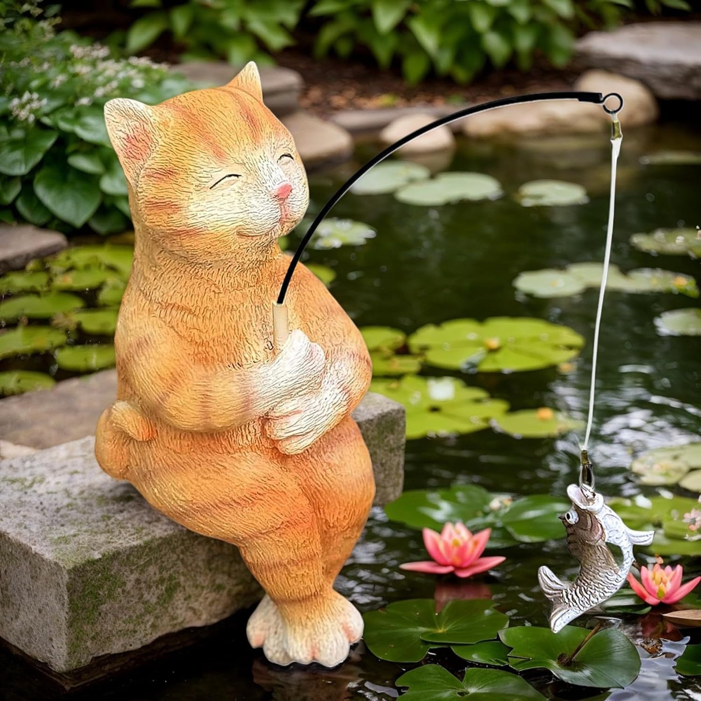 9.5“ Cat Fishing Garden Sculptures & Statues, Stone Look Fishing, Whimsical Lawn Yard Art, Funny Garden Pond Fisherman, Resin Animal Decor, Cat Lover Ornament, Cute Outdoor Statue