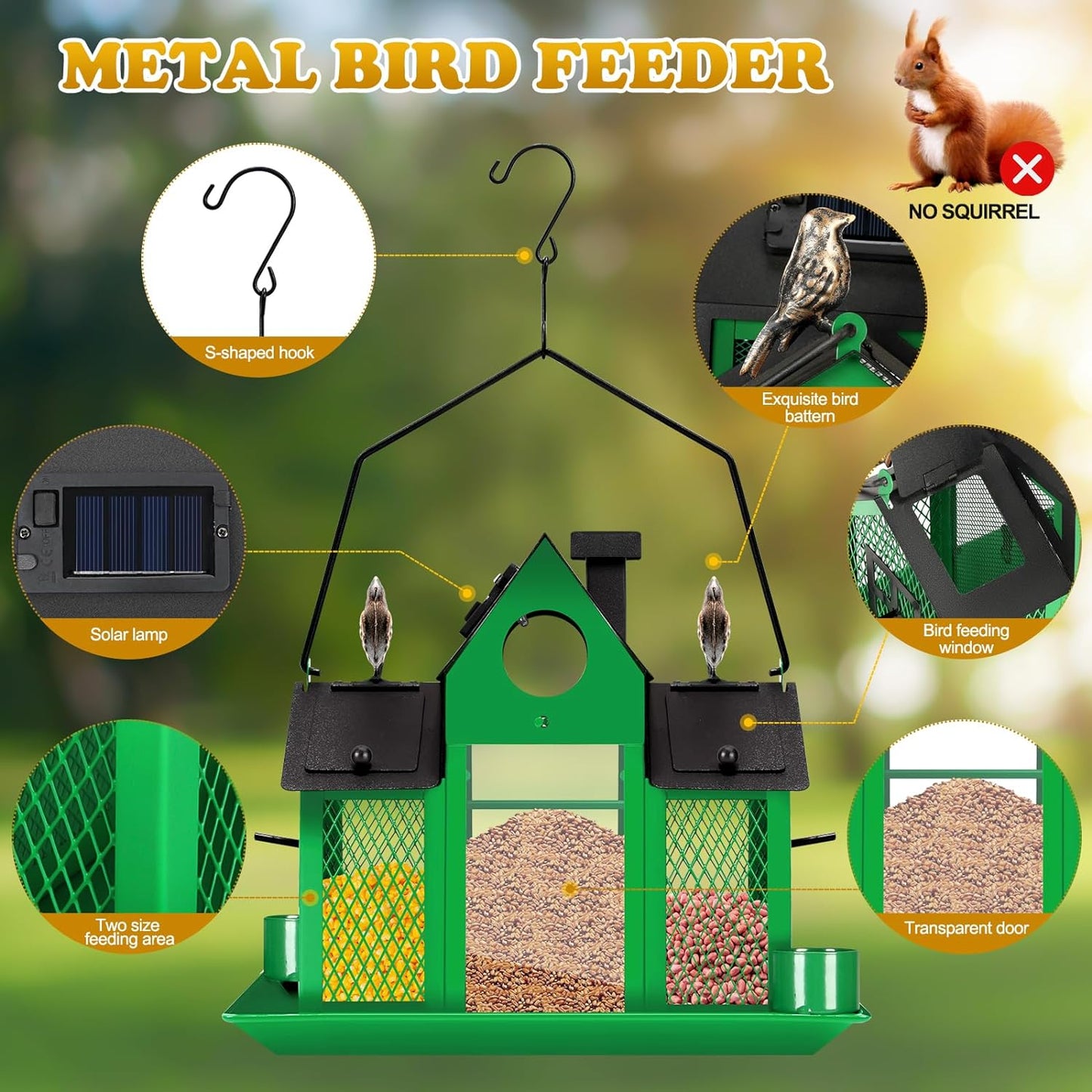 Solar Bird Feeders House for Outside Hanging, Metal Wild Bird Feeder for Outdoors, Large Cardinal Bird Feeder Birdhouses Green