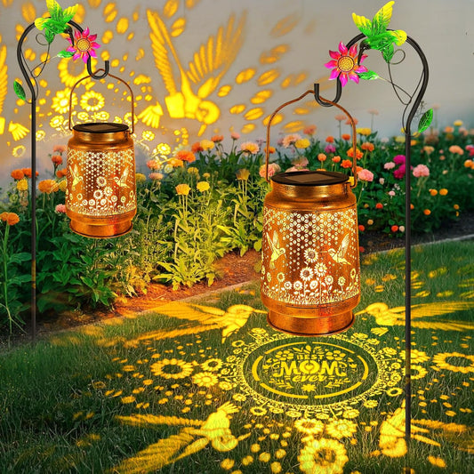 2 Pack Hummingbird Solar Lanterns Outdoor Garden Decor, Birthday Gifts for Women Mom Grandma Hanging Metal Solar Lights Waterproof LED Decoration with Shepherd Hook Outside for Yard Porch Lawn Patio