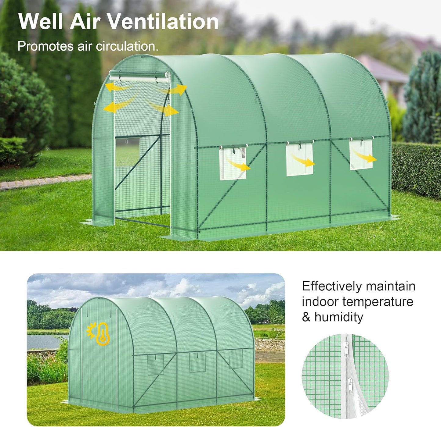 Greenhouse, 10’x7’x7’ Walk-in Greenhouse Heavy Duty Tunnel Green House with 6 Ventilated Mesh Windows & Zippered Roll-up Door, Large Plant Garden Hot House Outdoor with Reinforced Frame