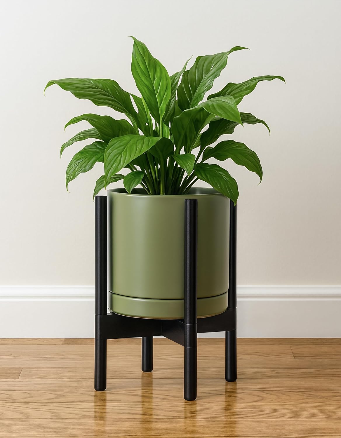 D'vine Dev Ceramic Planter with Ebony Stand - 10 Inch Modern Round Flower Pot with Wood Planter Holder, Olive, 55-B-L-J