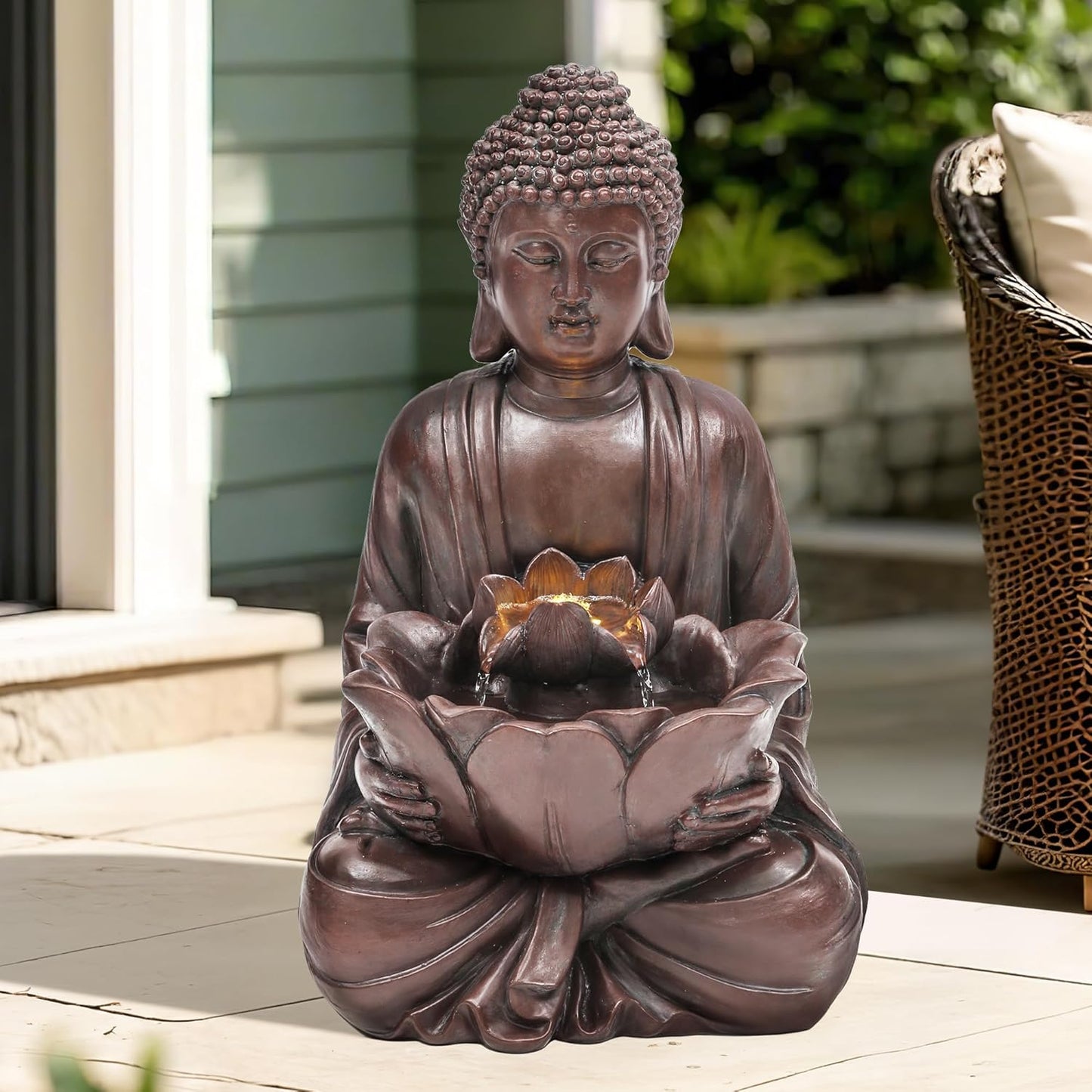 18.9" H Buddha Outdoor Water Fountain with LED Lights and Pump,Zen Style Relaxing Garden Fountain Waterfall for Patio, Porch, or Yard, Faux Bronze
