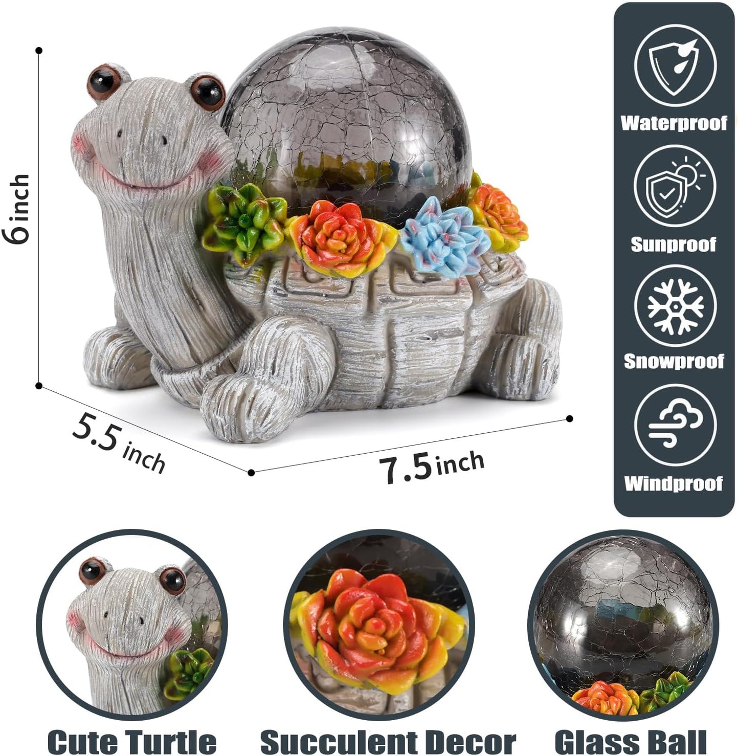 Solar Turtle Garden Statue Lights for Outdoor Decor with Cracked Glass LED Figurine Lighting Resin Succulent Tortoise Decorations Patio Lawn Yard Housewarming Mom Gifts (Grey, Large)