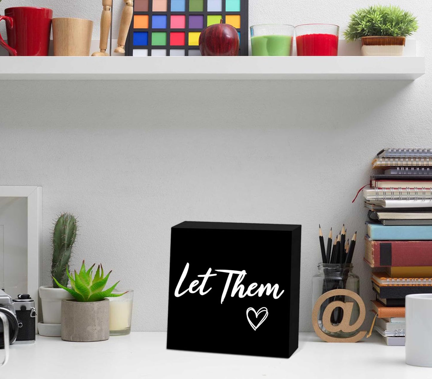 Let Them Wooden Sign, Mental Health Quote Farmhouse Wood Box Sign 5 X 5", Let Them Office Desk Accessories for Cubicle Decor, Office Gifts for Coworkers Women, Office Decorations for Work (Black)