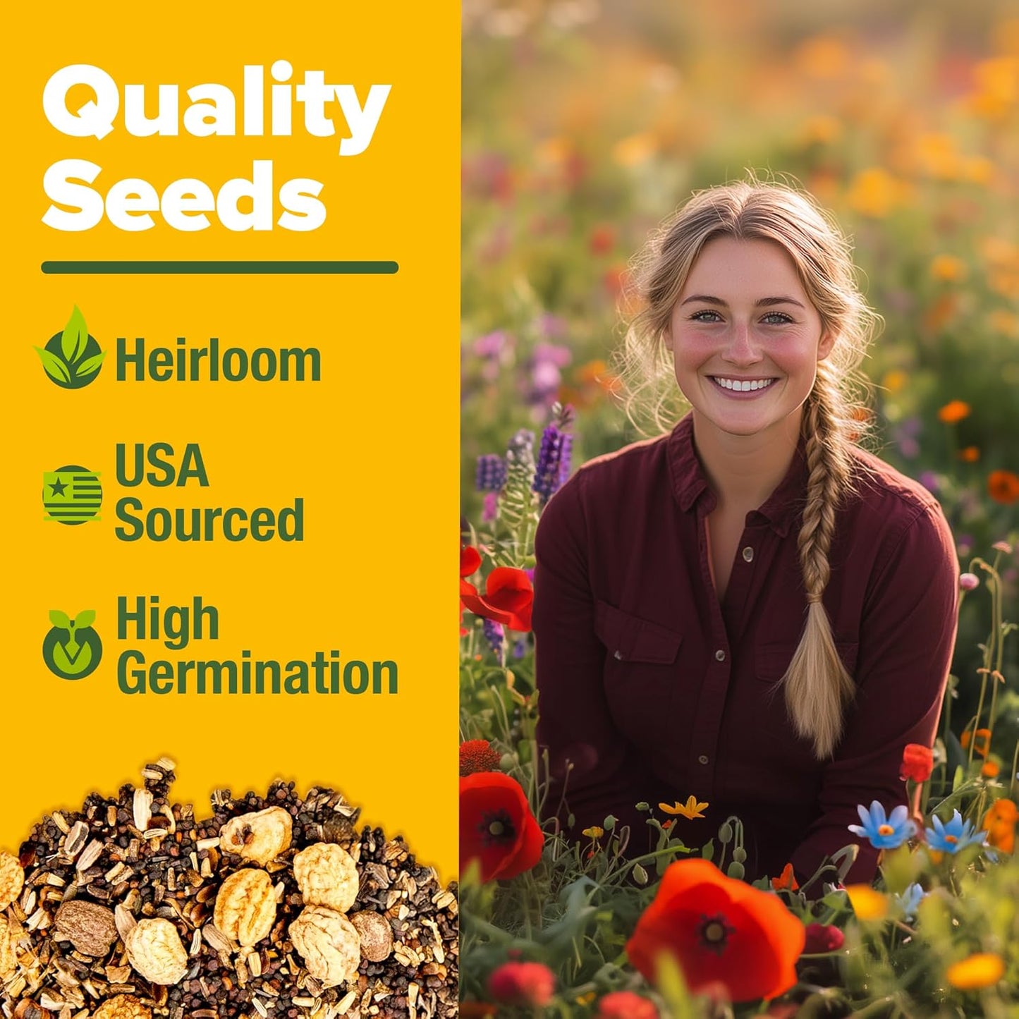 HOME GROWN Premium Wildflower Seeds Bulk Mix (2oz) - 59,300+ Seeds with 19 Varieties for Pollinators - Wild Flower Seed for Bees, Butterflies - Perennial & Annual Throw and Grow Seed Mix