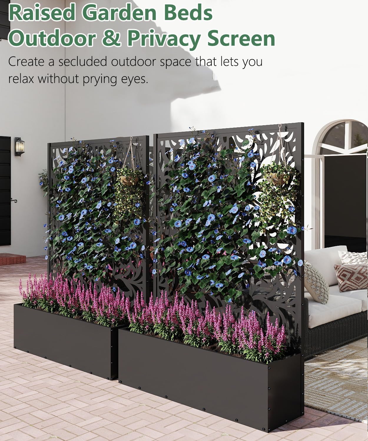 2PCS Metal Planter Box with Trellis,70.9"x47.2"x15.7" Raised Garden Bed with Drainage Holes, Privacy Planters for Outdoor Garden Bed for Climbing Plants,Vegetables,and Vines, Black-Flower