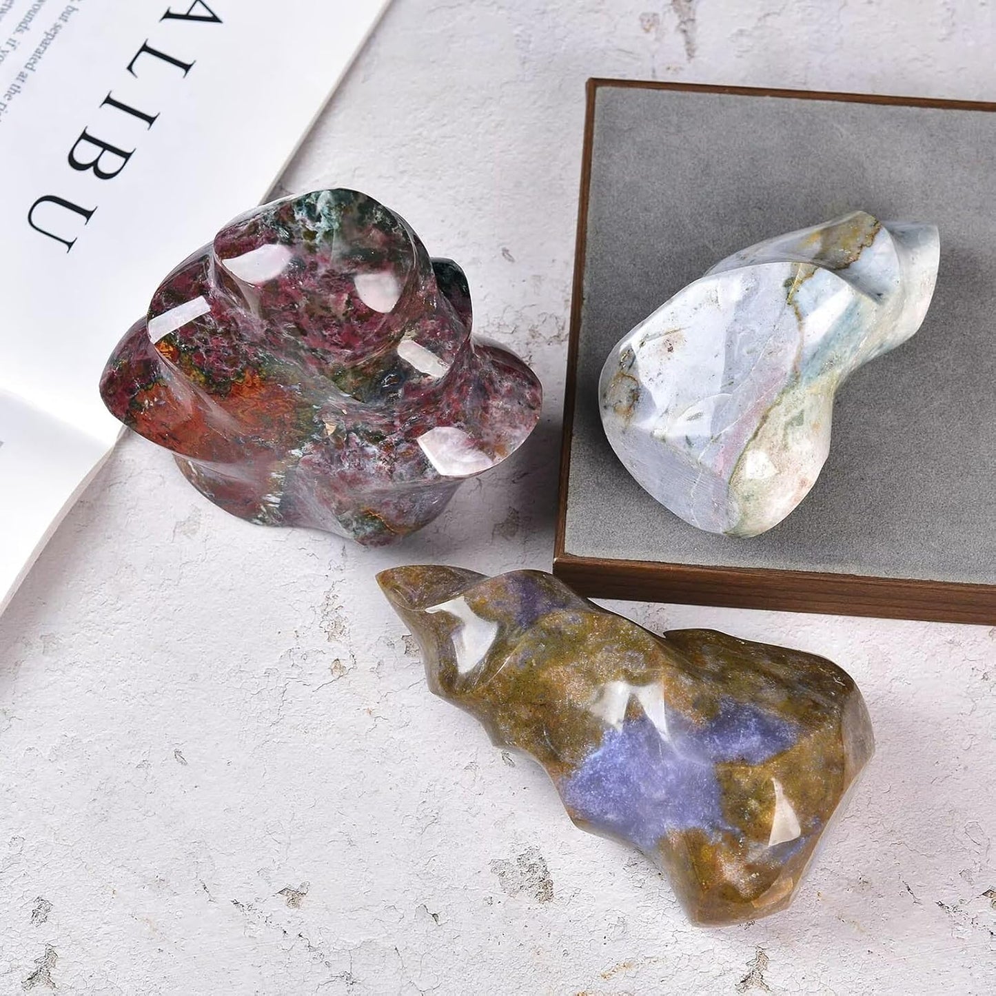 AMOYSTONE Ocean Jasper Flame Shaped Stone Towers Obelisk Natural Healing Crystal Quartz Reiki Energy Decoration Home Office Decor 1.0-1.5LBS