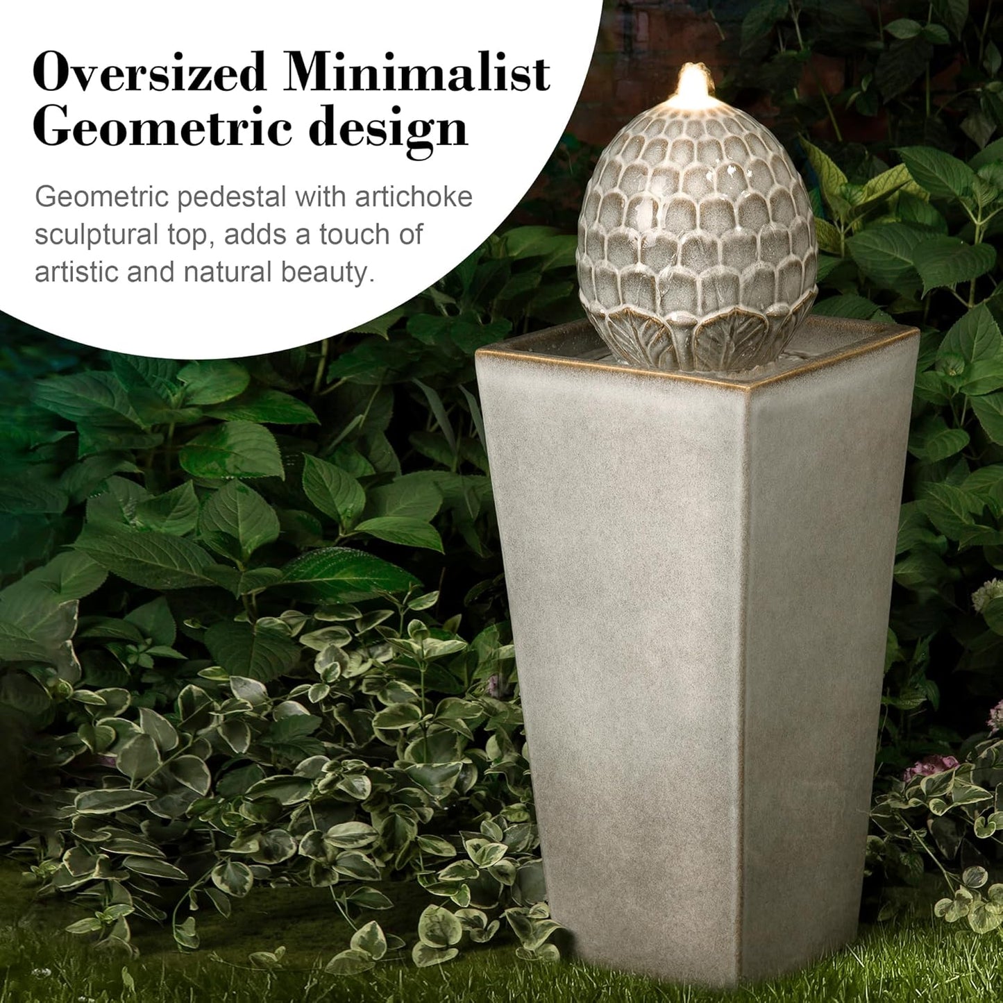 Glitzhome Ceramic Outdoor Water Fountain with LED Light, Oversized Artichoke Pedestal Water Fountains with Submersible Pump, Patio Fountain Waterfall for Garden Patio Deck Porch, Sand Beige, 35.75" H