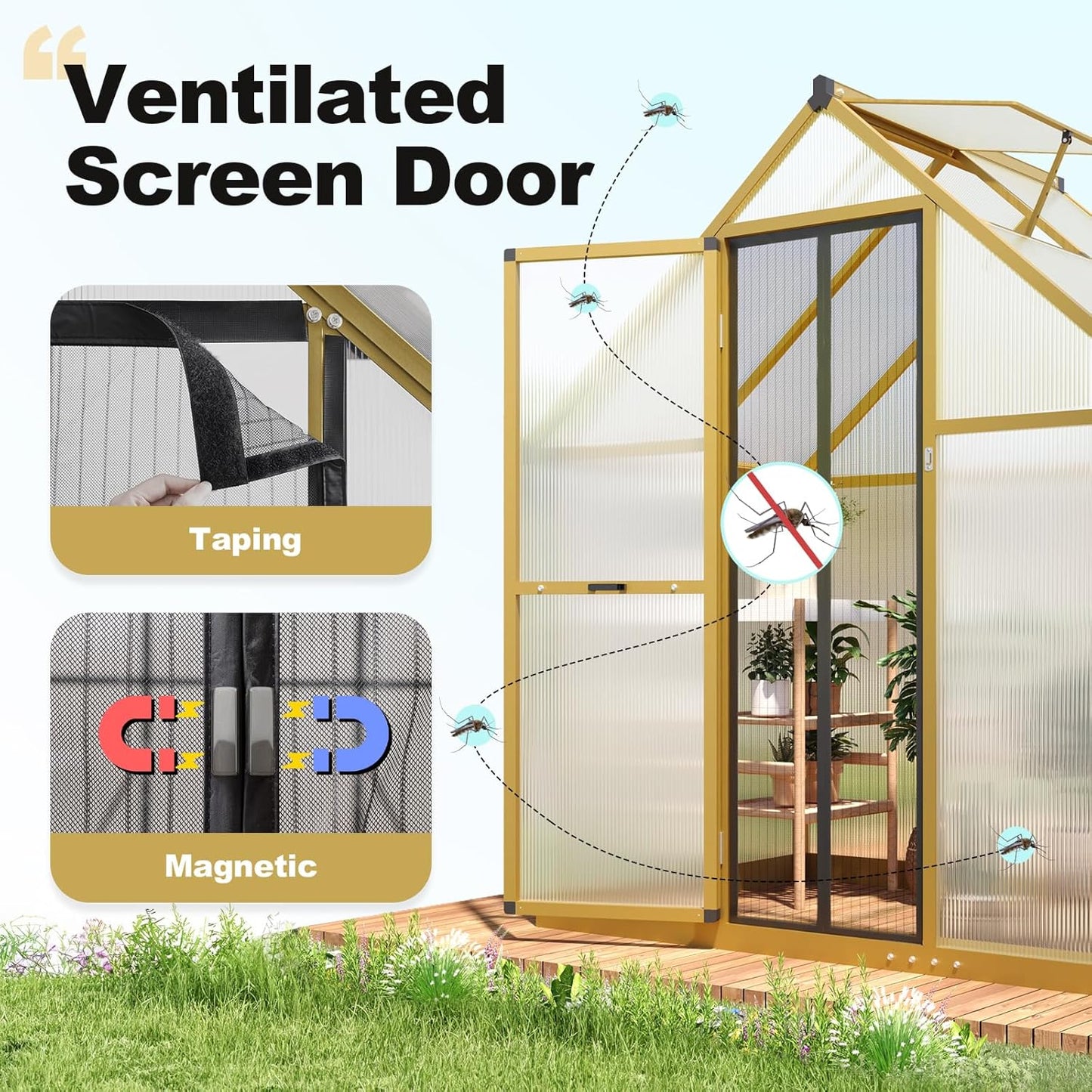 KING BIRD Greenhouse for Outdoors, 4x6 FT Polycarbonate Walk-in Green House, Quick-Setup Aluminum Frame UV Resistant Panel for Outside Garden Backyard W/ Lockable Screen Door, Vent, Wood-Like