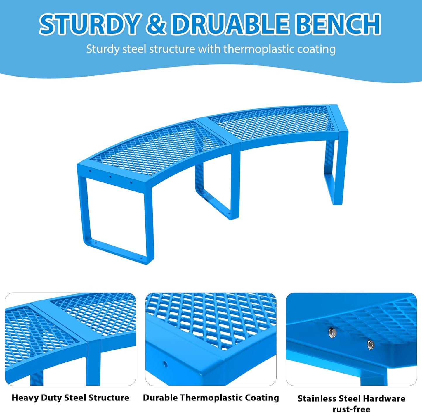 2 Pack Outdoor Curved Bench, Heavy Duty Metal Park Bench for Outside, Backless Loveseat, Thermoplastic-Coated, Weatherproof Commercial-Grade 2-Person Seating for Park, Patio, Garden, Deck, Beach,Blue