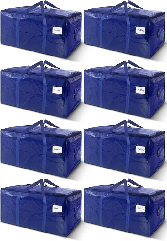 8 Pack Extra Heavy Duty Large Moving Bags with Strong Zipper & Carrying Handles, Sturdy Clothes Storage Bag Totes Bins, Packing Bags Moving Boxes College Moving Supplies, Dark Blue - 33 gal