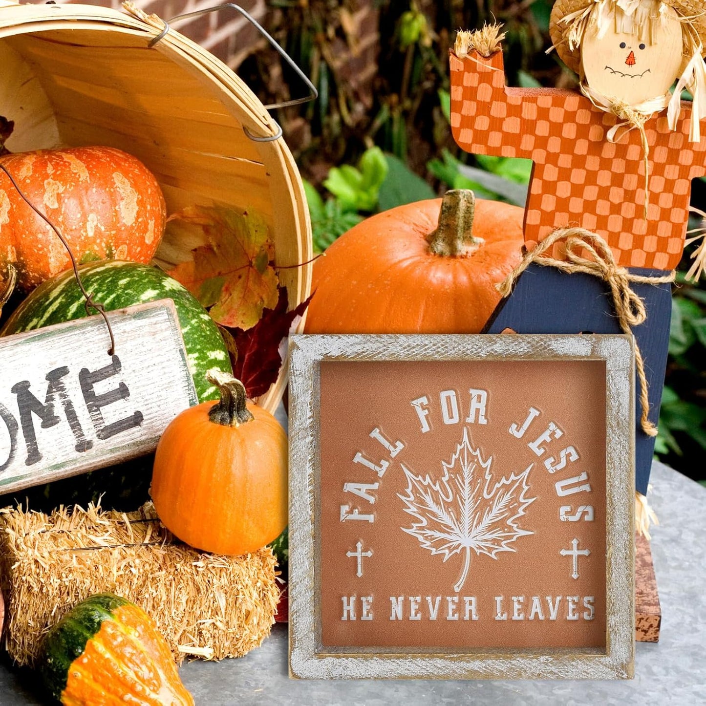 FESTWIND Embossed Orange Fall Leaf Sign, Farmhouse Autumn Decorations, Wooden Fall Tiered Tray Decor for Shelf Cubicle Desk Mantel, Rustic Thanksgiving Table Decor