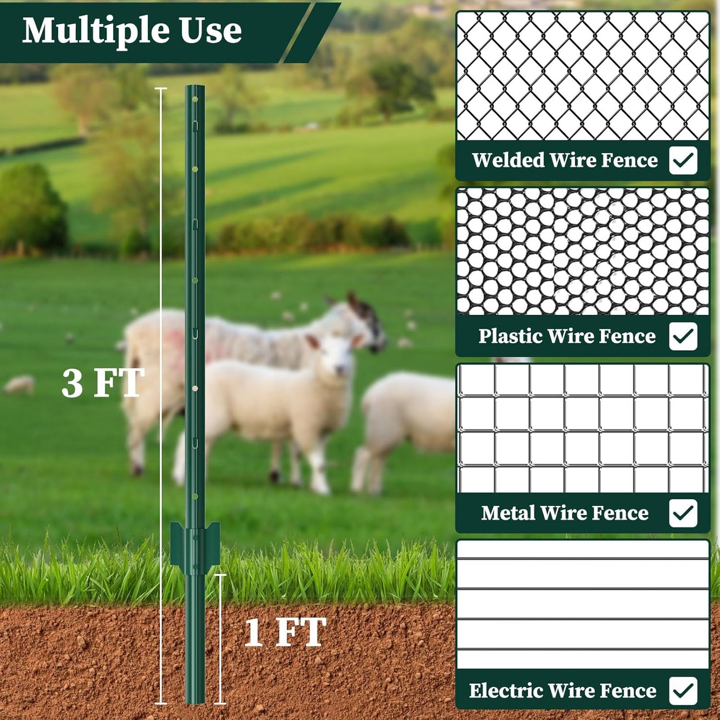 20 Pack Garden Fence Post, 3 Feet Heavy Duty Metal U-Post for Wire Fence, No Dig Garden Fence Stakes for Temporary Fencing, Electric Fence Wire, Corner Anchor, and More-Green