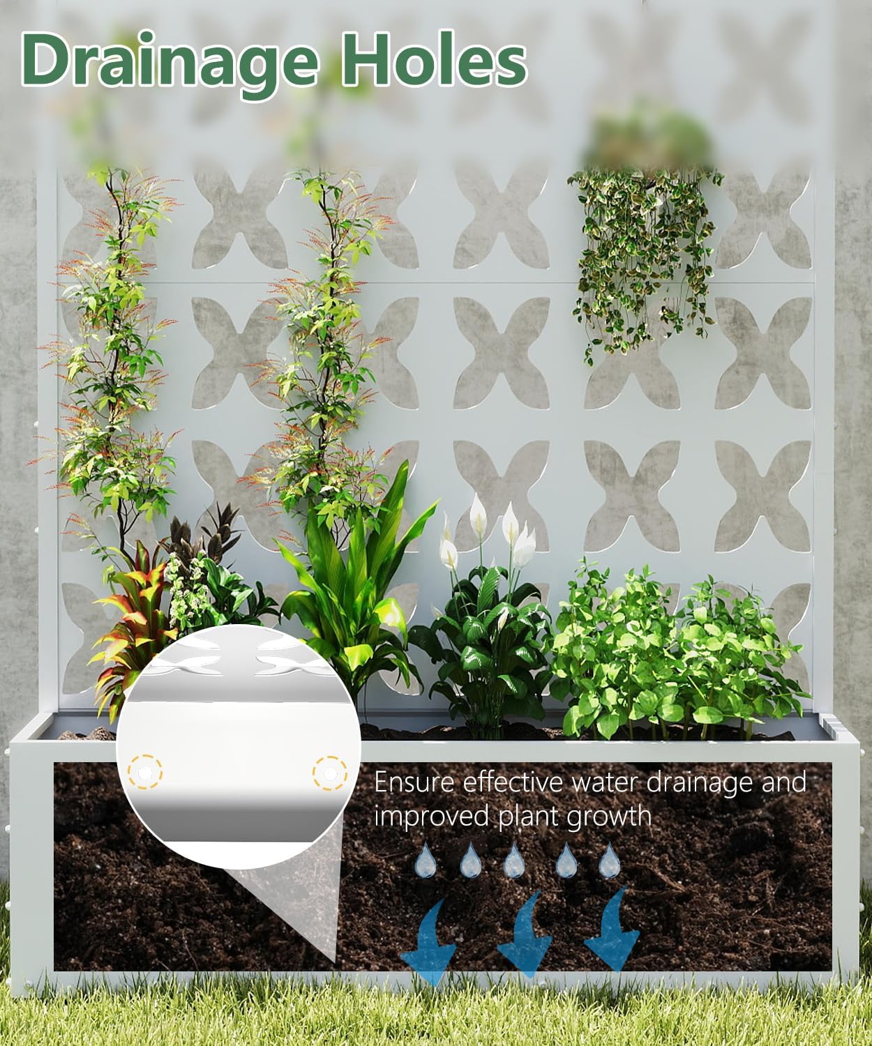 2PCS Metal Planter Box with Trellis,70.9"x47.2"x15.7" Raised Garden Bed with Drainage Holes, Privacy Planters for Outdoor Garden Bed for Climbing Plants,Vegetables,and Vines, White-X