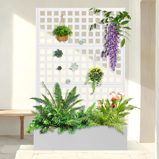 Metal Planter Box with Trellis & Wheels, Raised Garden Bed with Privacy Screen, Outdoor Standing Flower Beds with Drainage Hole for Climbing Plants, Vine, 47" Lx16 Wx71 H