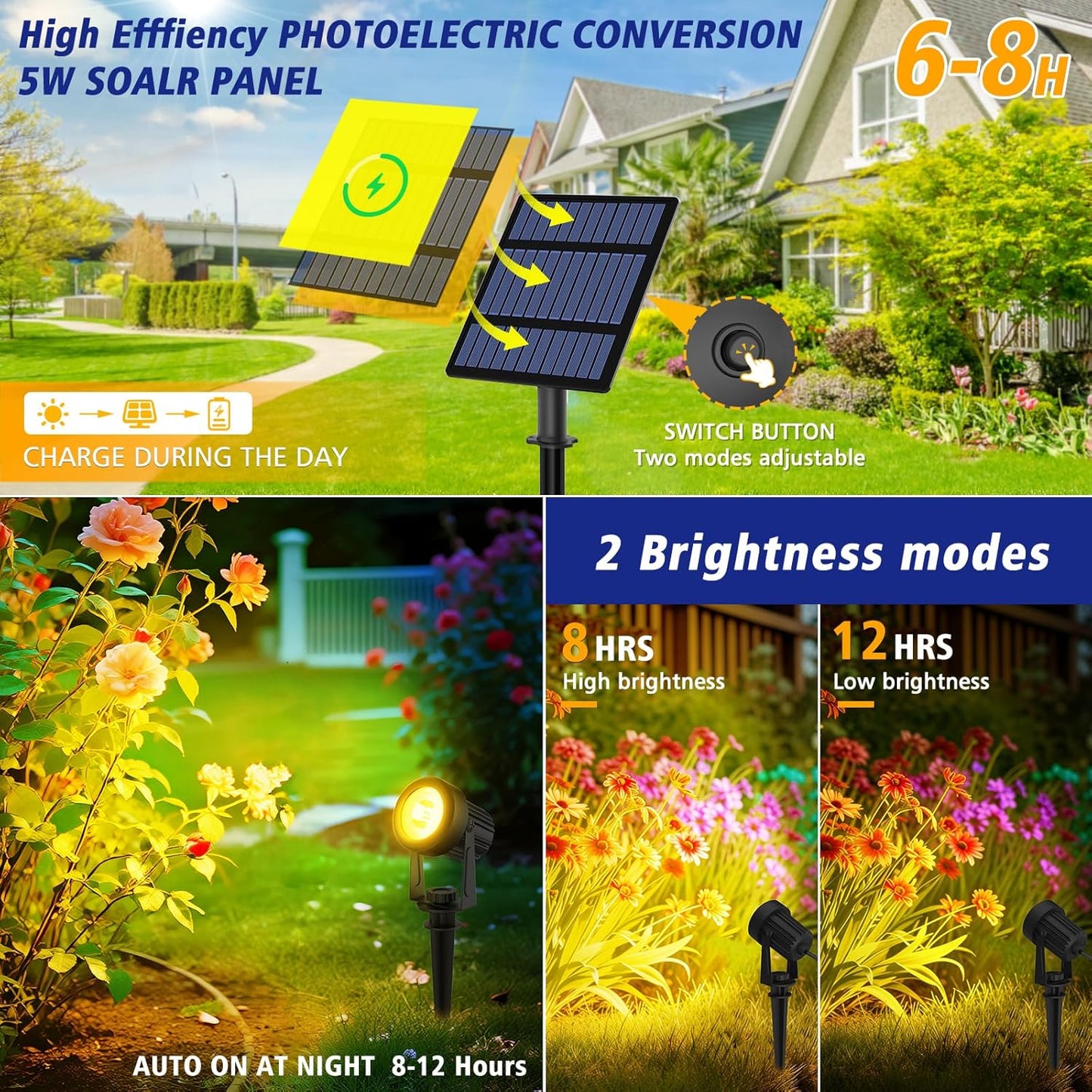 T-SUNUS Halloween Solar Spot Lights 6-in-1 Outdoor Warm White 3000K Landscape Spotlight IP65 Waterproof Separated Panel Spotlights with 9.8ft Cable Auto On/Off for Christmas Tree Lawn Driveway Pathway