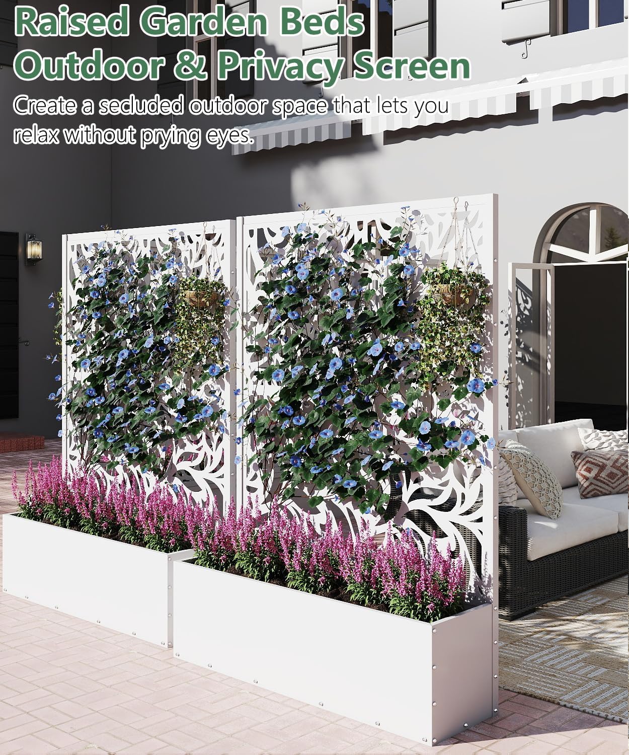 2PCS Metal Planter Box with Trellis,70.9"x47.2"x15.7" Raised Garden Bed with Drainage Holes, Privacy Planters for Outdoor Garden Bed for Climbing Plants,Vegetables,and Vines, White-Flower