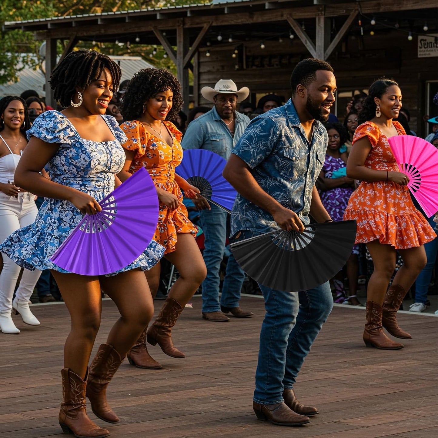 Blulu 4 Pcs 13 Inch Large Folding Hand Fans for Line Dancing Big Clapping Popping Raves Fans Bulk for Dancing Boots on The Ground Festival Party Decoration(Classic Style, Black, Purple, Pink, Blue)