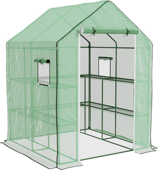Outsunny 4.6' x 4.7' Portable Greenhouse, Water/UV Resistant Walk-in Small Outdoor Green House with 2 Tier U-Shaped Flower Rack Shelves, Roll Up Door & Windows, Green