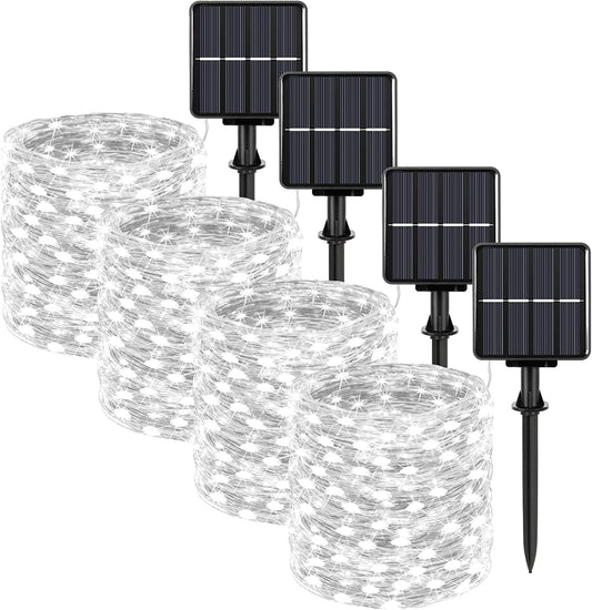 Extra-Long 288FT 800LED Solar Fairy String Lights, 4-Pack 72FT 200 LED Outdoor Twinkle Lights Waterproof 8 Lighting Modes Cool White Silver Wire Lights for Deck Backyard Tree Garden Fence Pool Party