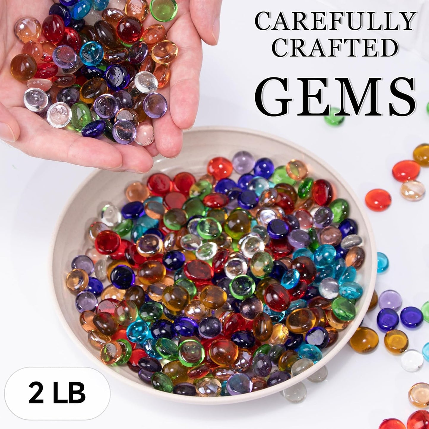 2LB Mini Glass Gems,Mixed Colour Mancala Stones Flat Bottom Marble Beads for Home Decorative Art Craft Vase Filler(0.5"~0.7")