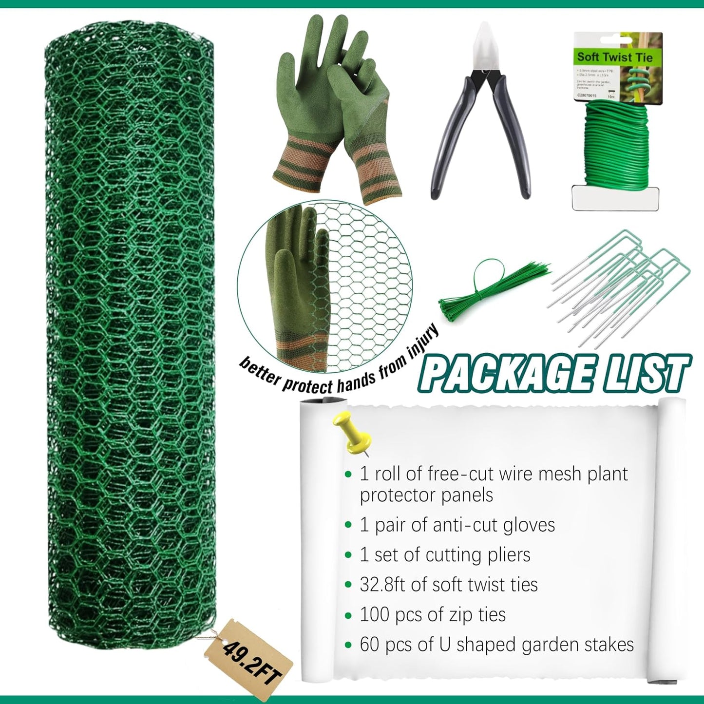 49.2Ft x16In Plant Protectors from Animals - Wire Plant Protector Cages for Outdoor Plants, Free-Cut Metal Mesh Plant Covers Guards Fence, Chicken Wire Cloche with Ground Stakes,Zip Ties