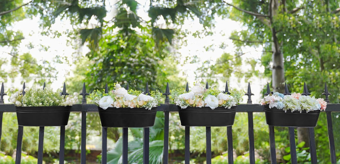 Dahey 4 Pcs Metal Hanging Flower Pots for Railing Fence Outdoor Planter 15.7 Inch Hanging Bucket Pots Countryside Window Flower Plant Holder with Detachable Hooks for Garden Yard Home Decor,Black