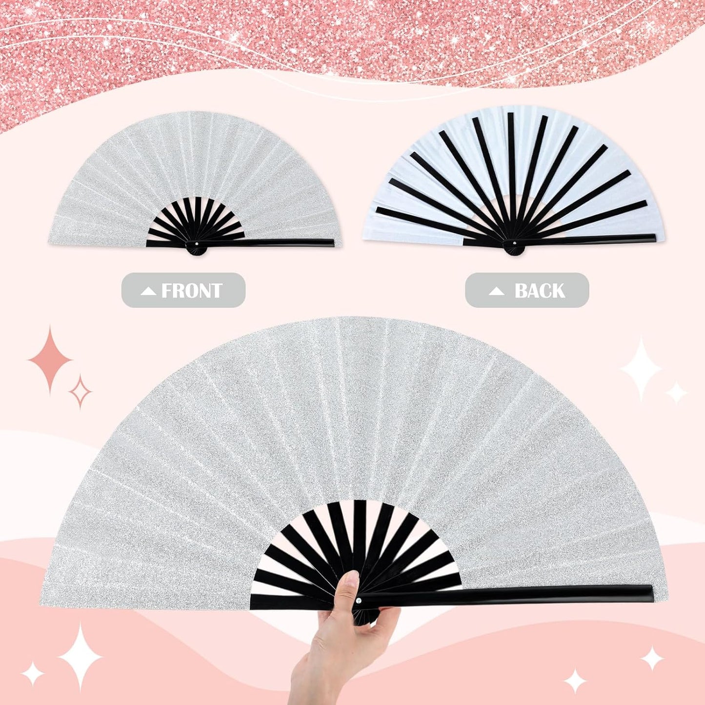 Maitys 2 Packs Large Clap Fans for Line Dancing Large Chinese Folding Hand Fans for Men and Women, Festival, Tai Ji, Kungfu, Martial Art, Gifts (Glitter Silver and Pink)