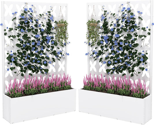 2PCS Metal Planter Box with Trellis,70.9"x47.2"x15.7" Raised Garden Bed with Drainage Holes, Privacy Planters for Outdoor Garden Bed for Climbing Plants,Vegetables,and Vines, White-X