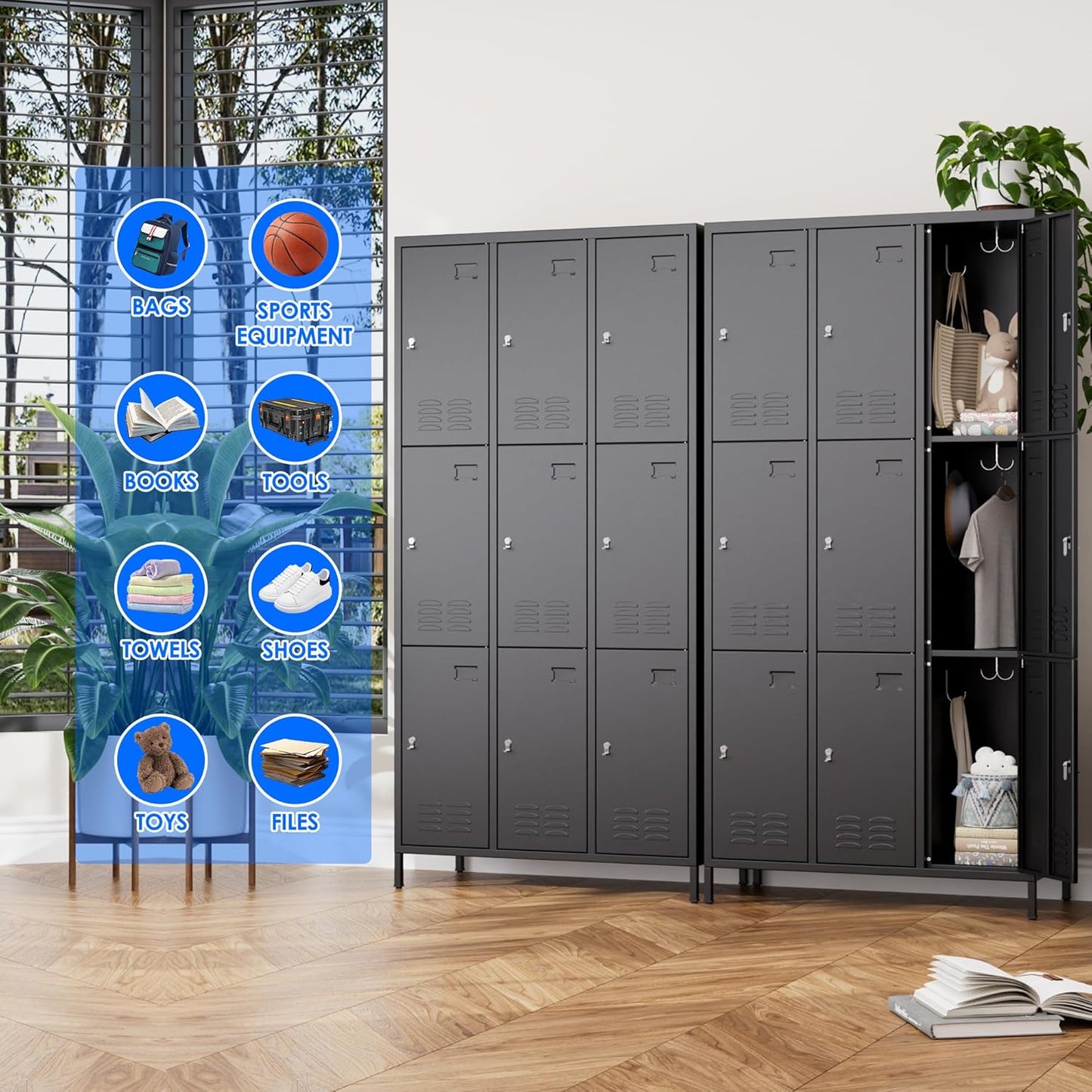 9 Doors Metal Storage Lockers for Employees with 27 Hooks,72" H Employee Lockers with Business Card Holder for Offices School Gyms Home,Assembly Required,Black