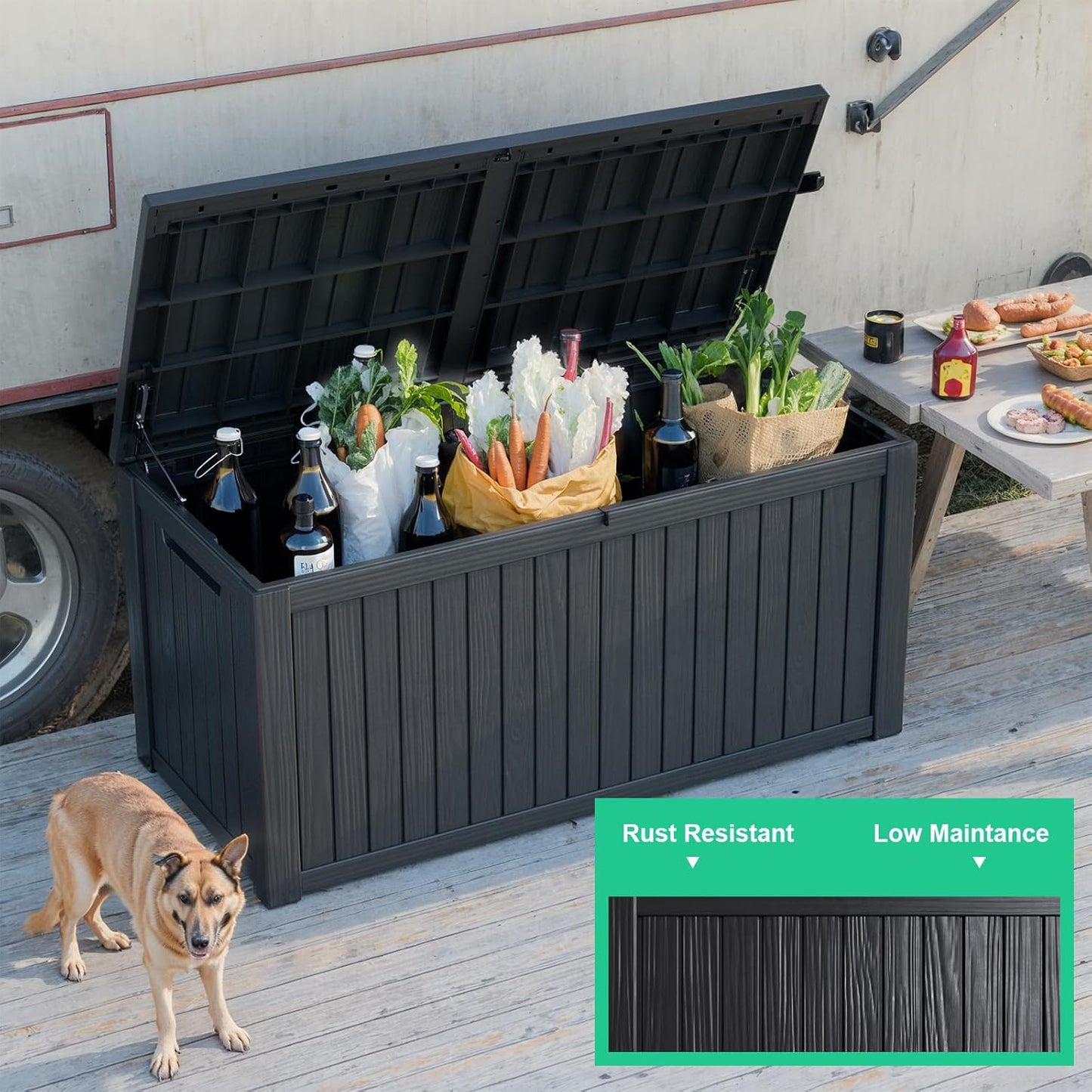 180 Gallon Outdoor Storage Box Waterproof, UV Resistant Resin Deck Box with Hydraulic Rod, Reinforced Stability for Patio, Garden, and Pool, Striped Black